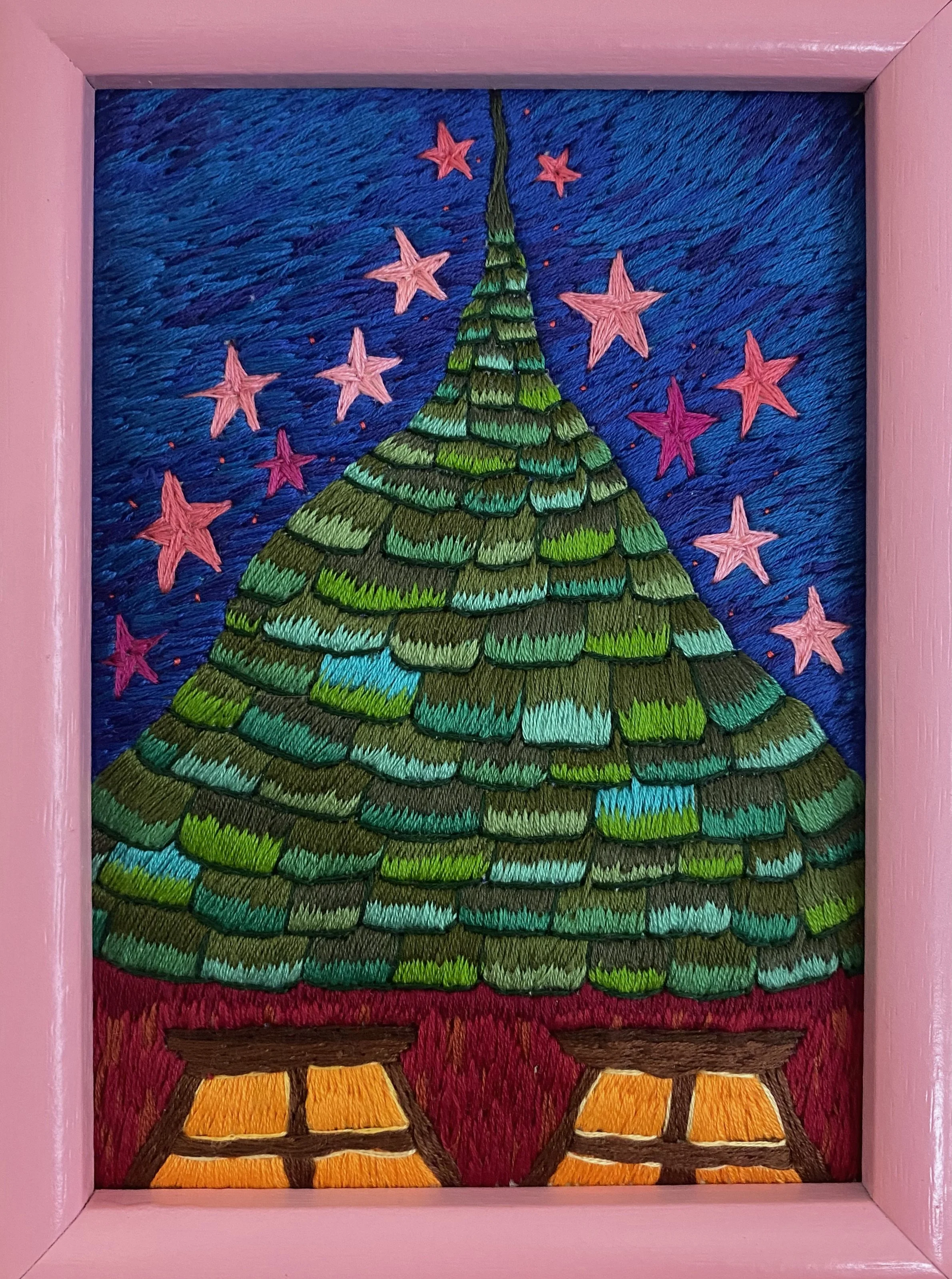 'white moon flowing, she’s asleep', embroidery on calico fabric, 2025