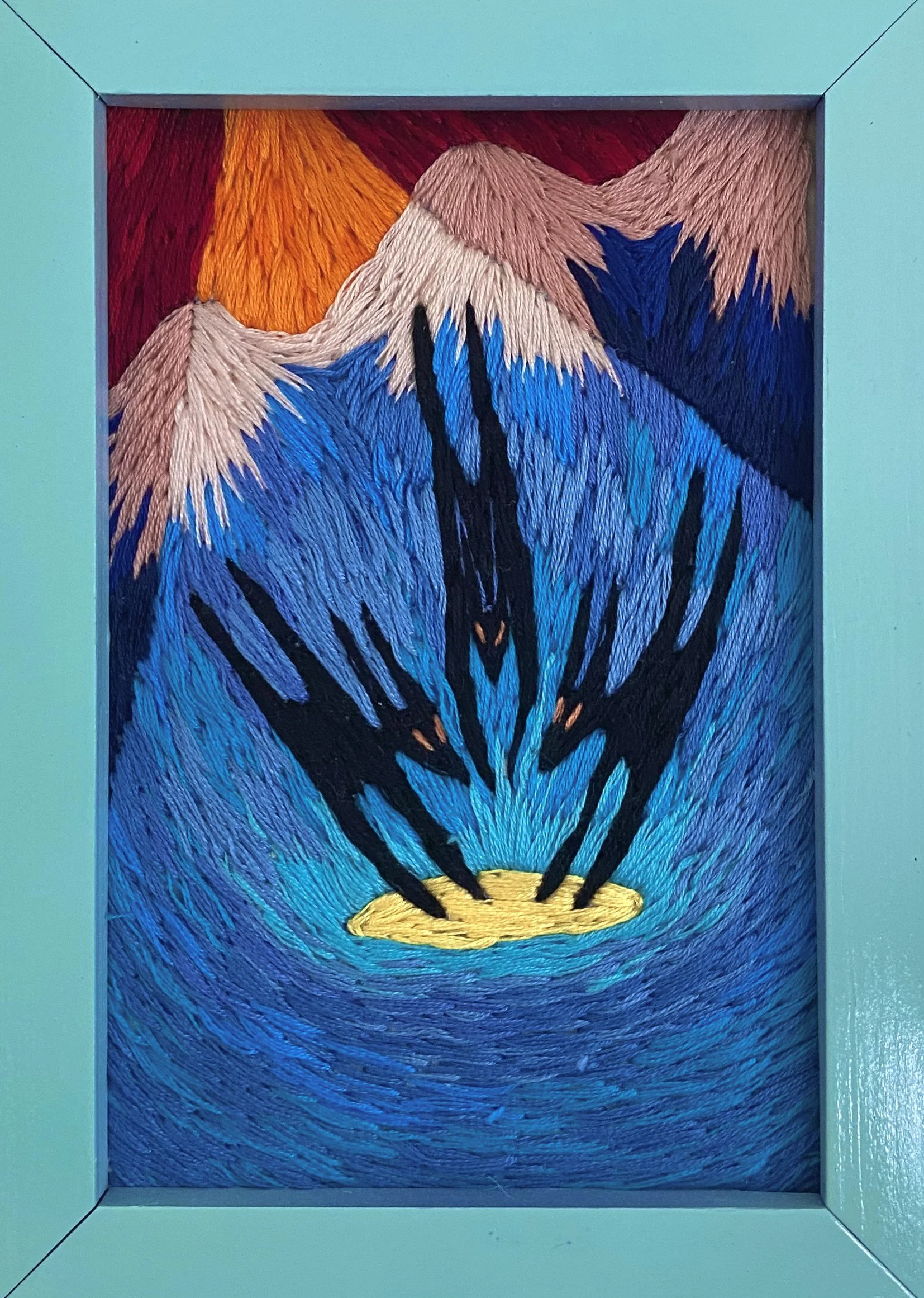 'underneath that strange sky', embroidery on calico fabric, 2025