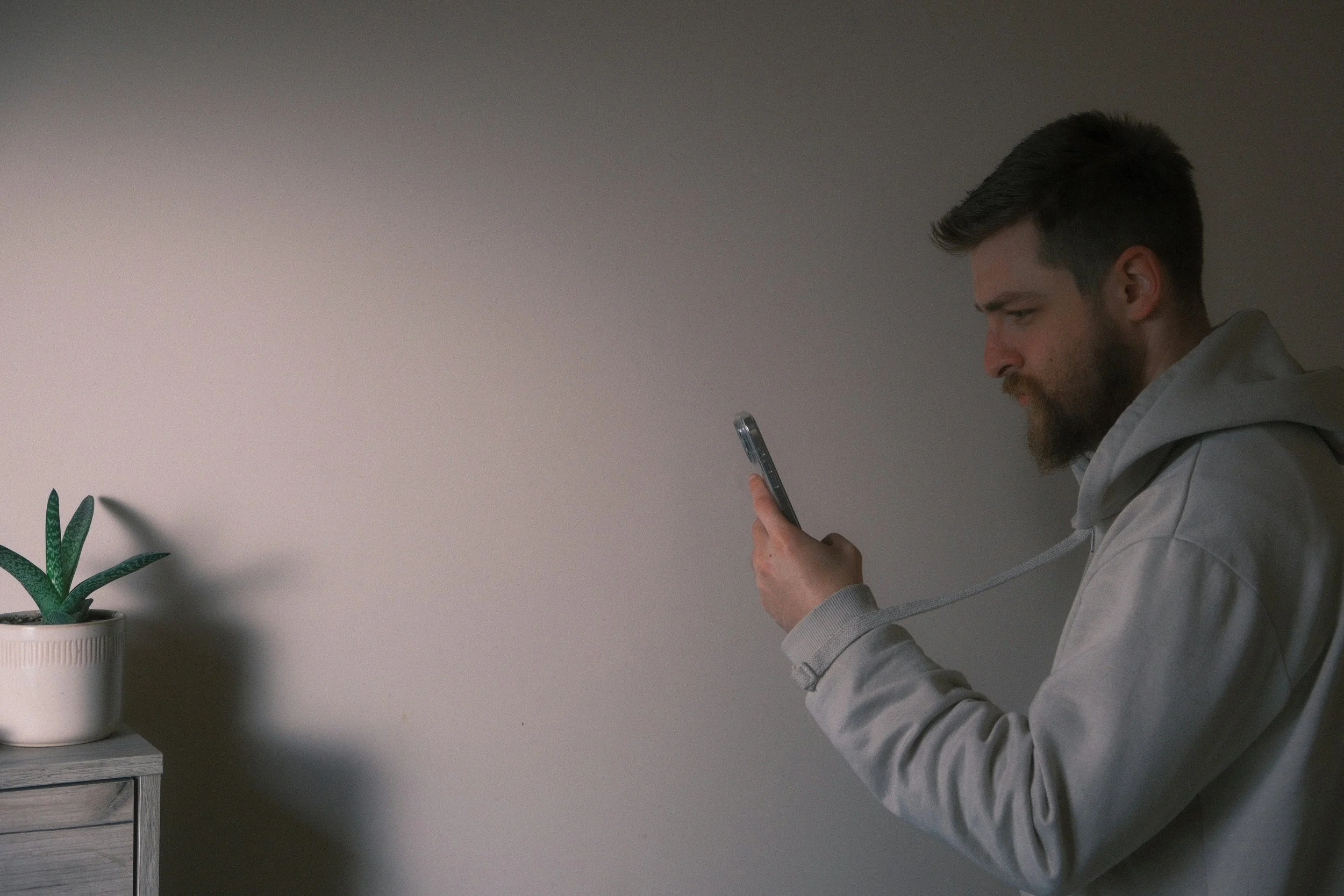 A man with pale skin, brown hair, and a brown beard wearing a light grey hoodie and standing near a succulent plant on a grey dresser holds his cell phone in his left hand and stares at it.