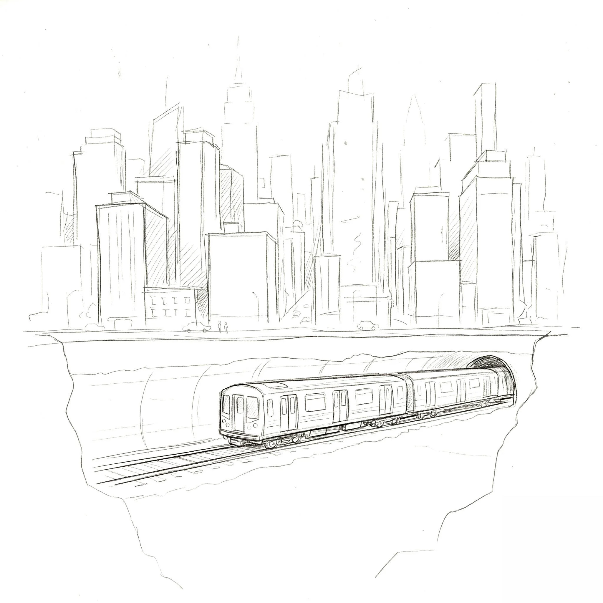 Hand Sketch of NYC Sky Scrapers above subway