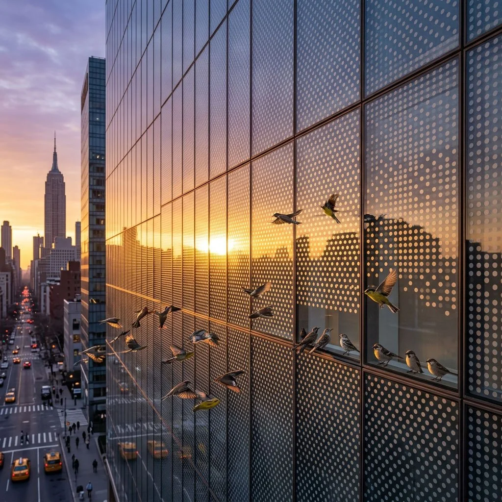 bird-friendly film retrofit applied to existing building glass