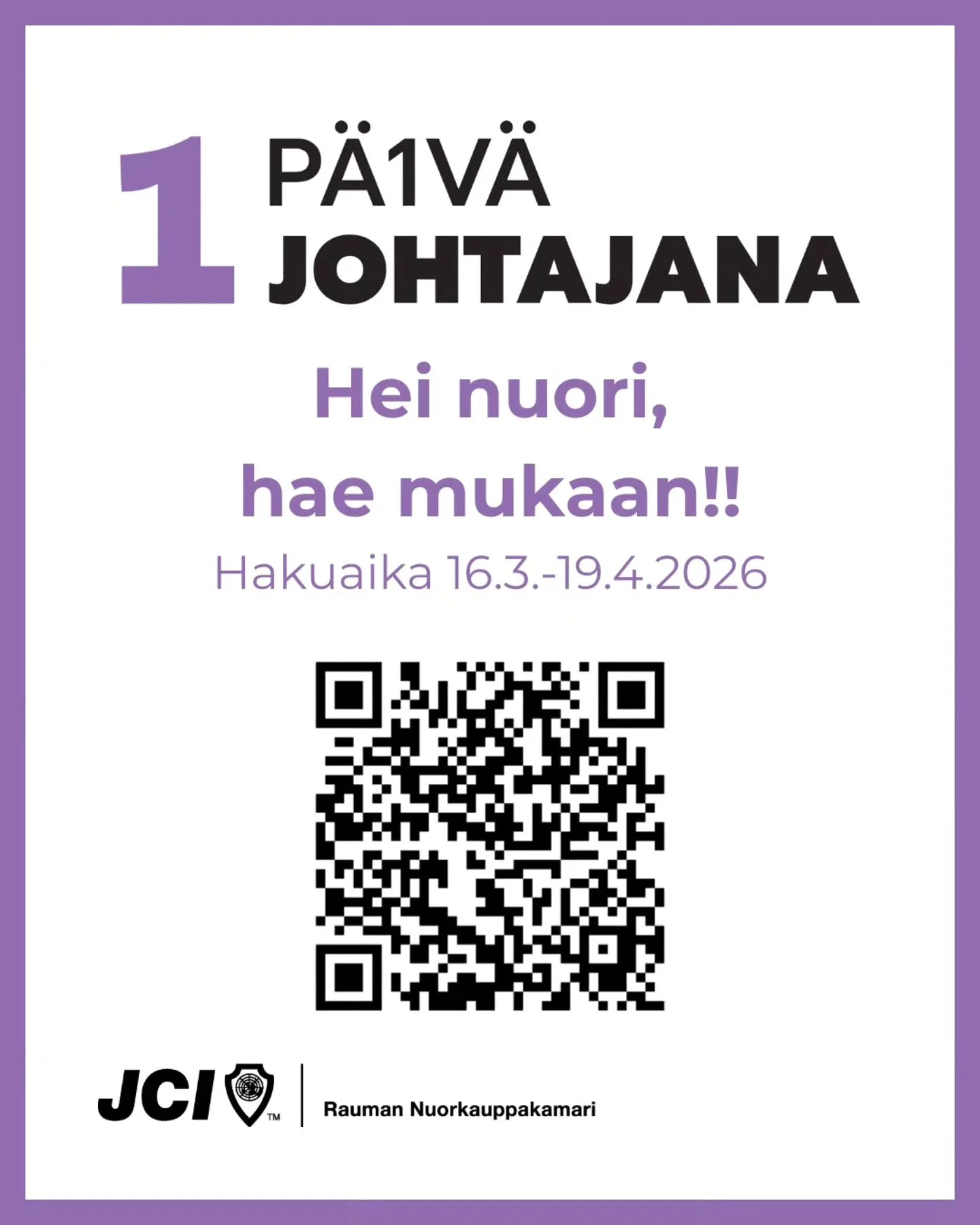 ✨P&auml;iv&auml; Johtajana haku on auki!✨

Nuorten haku P&auml;iv&auml; Johtajana toteutukseen on nyt virallisesti k&auml;ynniss&auml;! J&auml;t&auml; avoin hakemuksesi oheisen linkin tai QR-koodin kautta.

👉 Hakulinkki: https://www.lyyti.in/paivajo