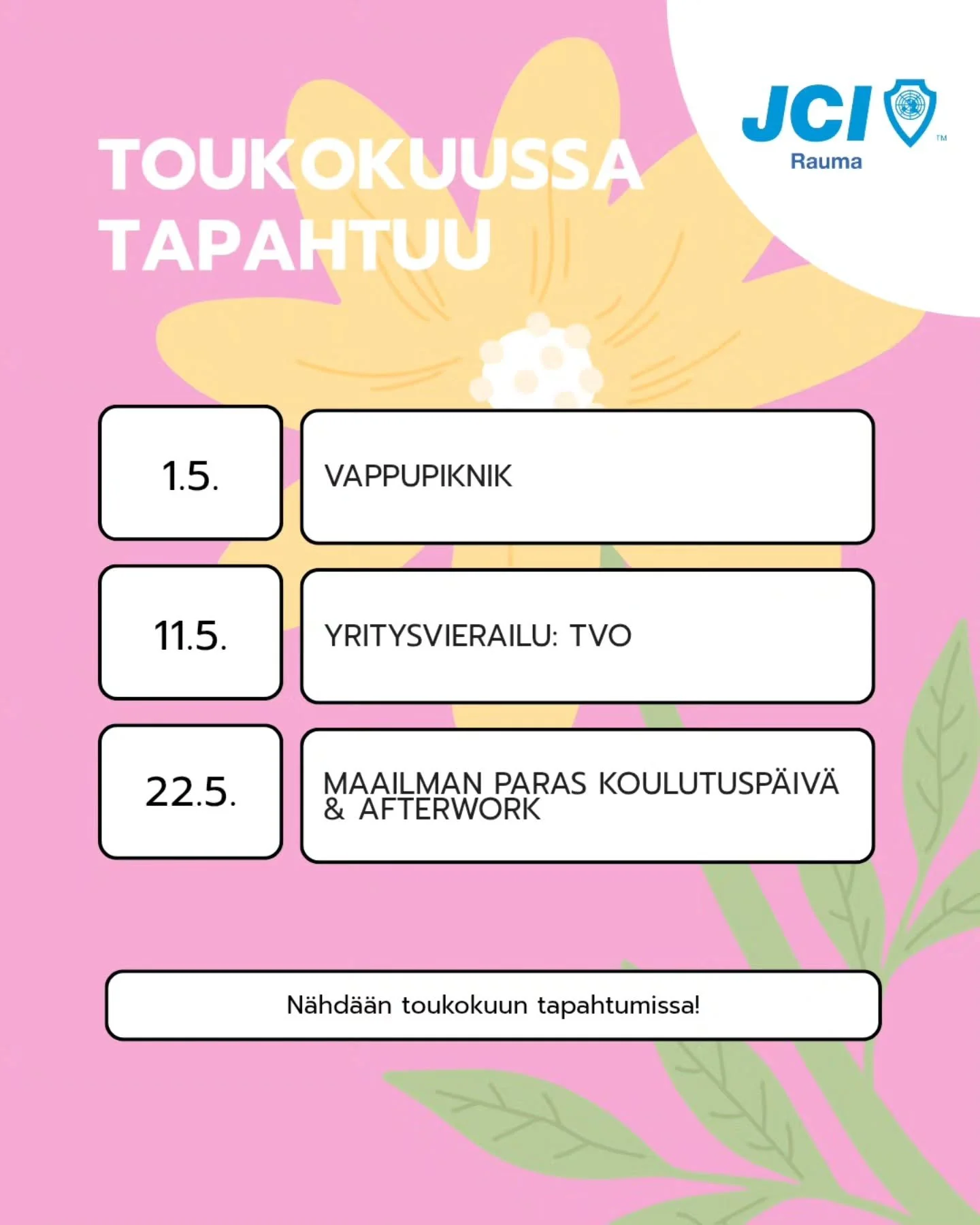Rauman Nuorkauppakamarin toukokuun tapahtumat ✨

J&auml;senist&ouml;&auml; tiedotetaan tapahtumista tarkemmin kuukausitiedotteessa ja RNKK:n WhatsApp-ryhm&auml;ss&auml;.

Oletko kiinnostunut Rauman Nuorkauppakamarin toiminnasta? Lis&auml;tietoja toim