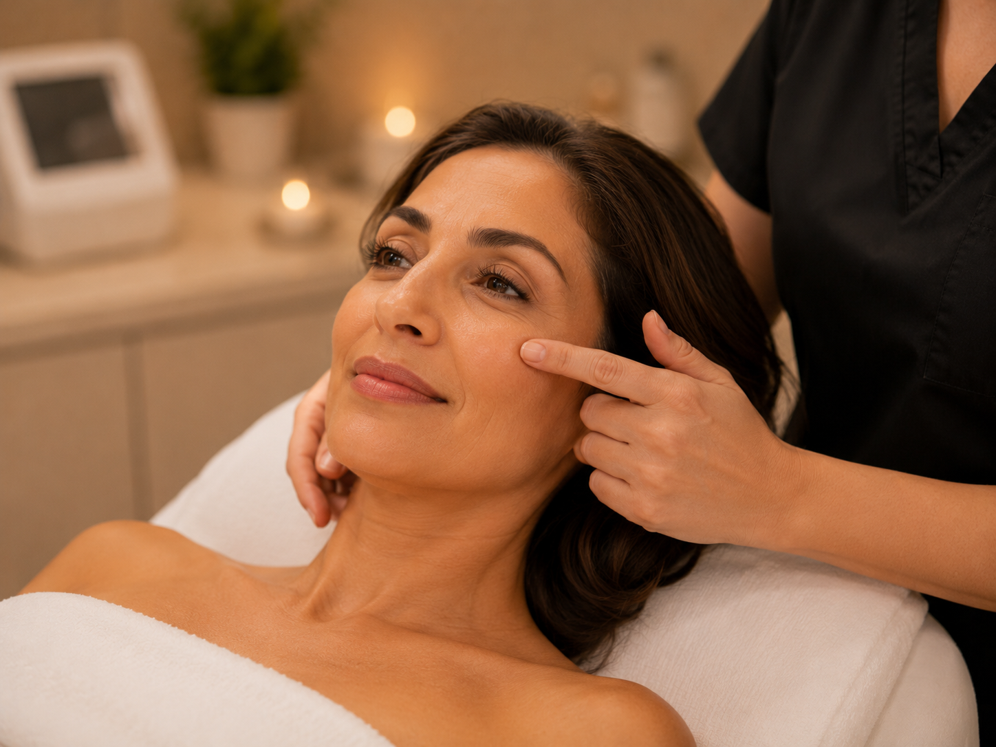 Client having mid-face and cheek volume assessed during a facial balance consultation in Port Melbourne.