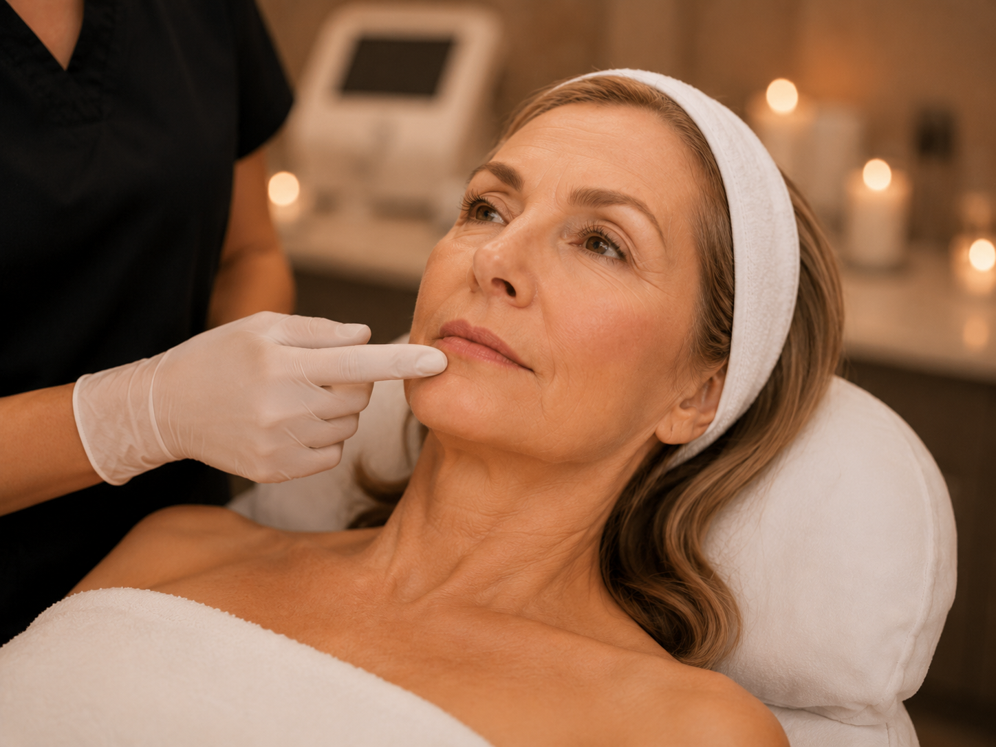 Mature woman with naturally thin lips having her lip area assessed during a cosmetic nurse consultation.
