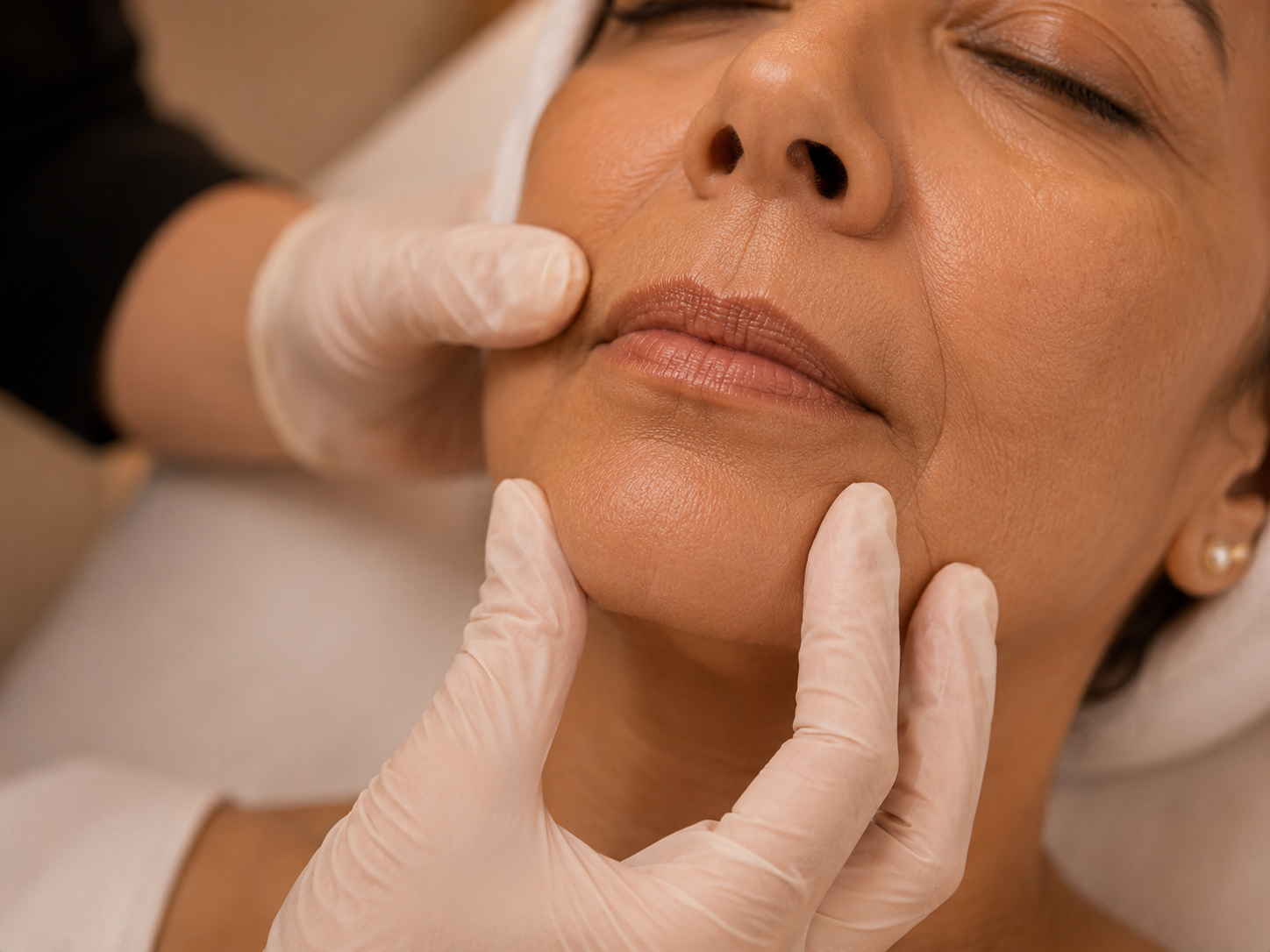 Client having vertical lip lines assessed during a cosmetic nurse consultation at Platinum Cosmetics.