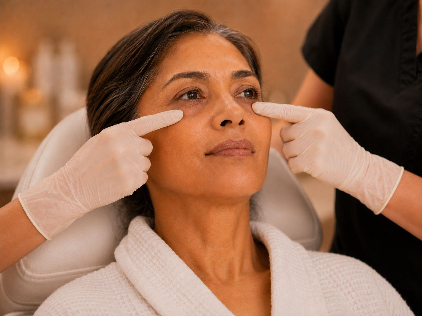 Client having under-eye hollows and tear troughs assessed during a cosmetic nurse consultation.