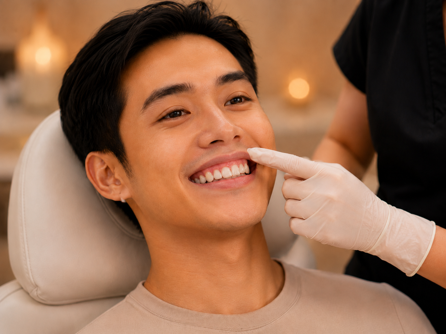 Man smiling with visible upper gum during assessment of gummy smile and upper lip balance.