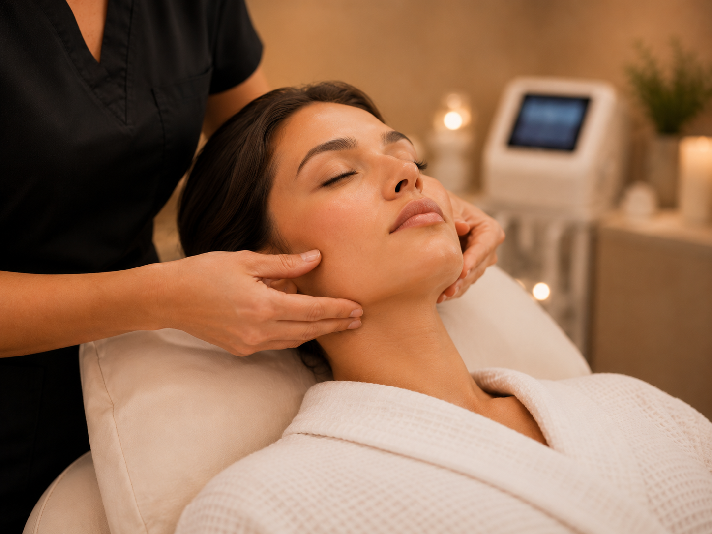 Woman with a slightly square jaw having her lower face assessed during a cosmetic nurse consultation.