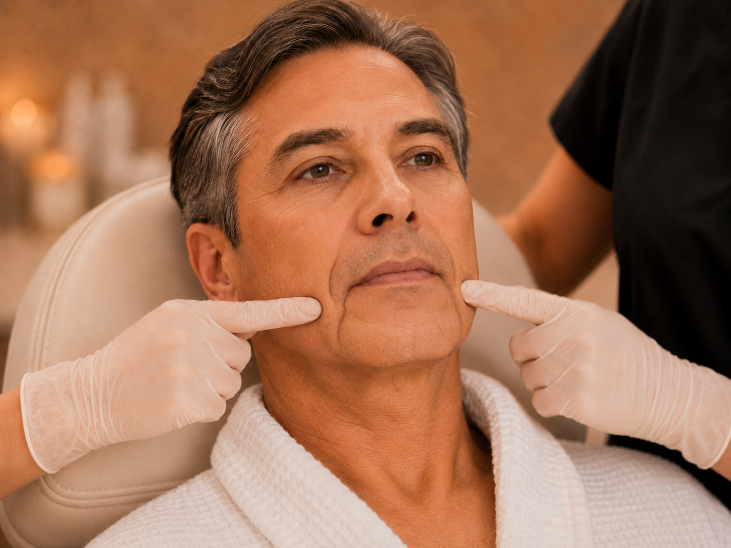Middle-aged man with pronounced marionette lines having the lower face assessed in clinic.