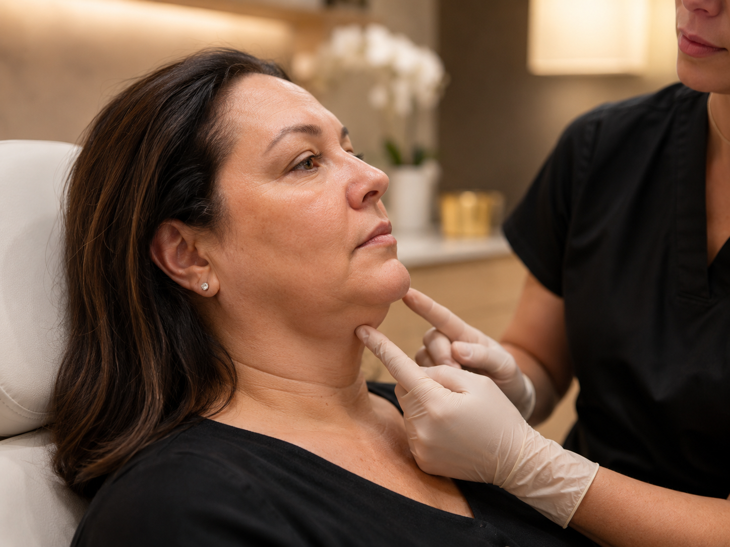 Client having chin shape and lower face balance assessed during a cosmetic nurse consultation.