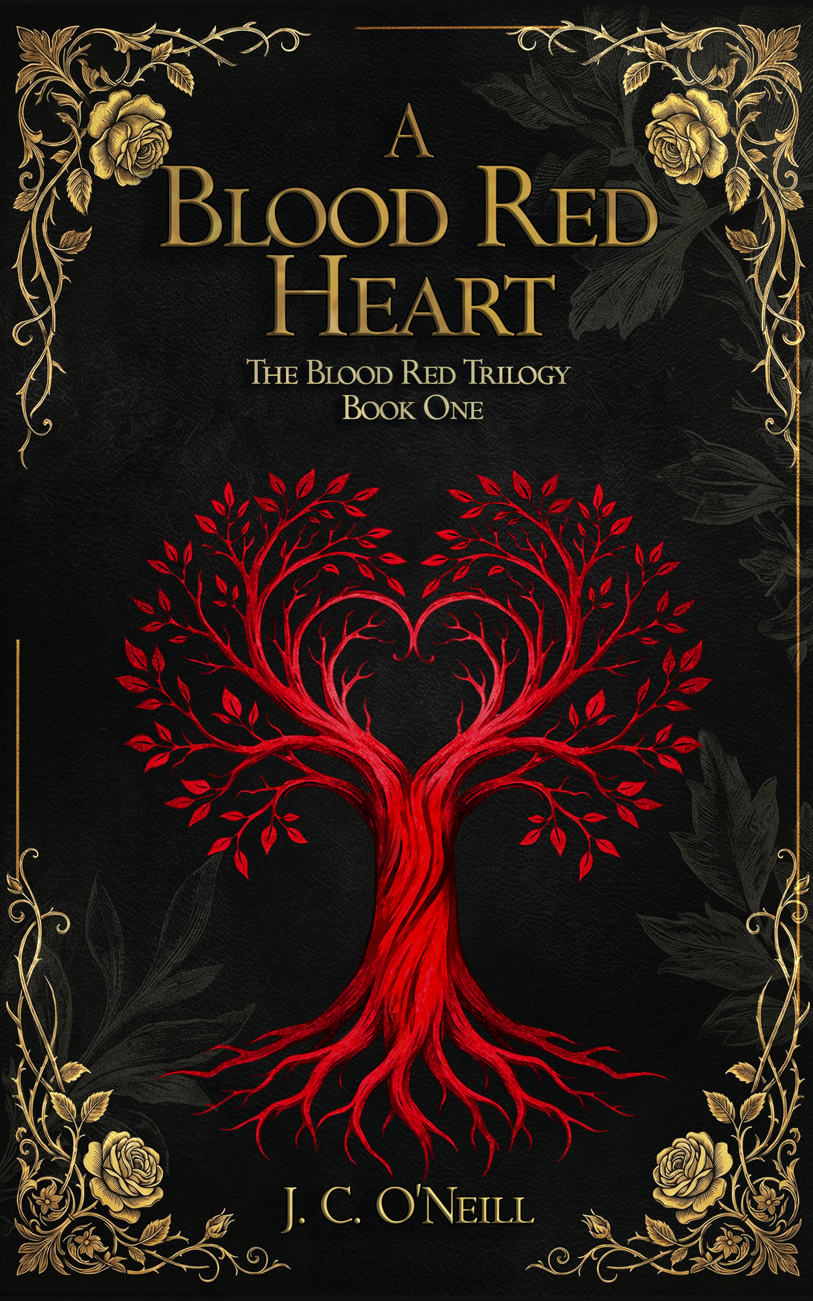 Beautiful book cover with mysterious scarlet tree and intricate gold roses
