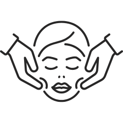 Linienzeichnung eines Gesichts mit geschlossenen Augen, das von zwei Händen massiert wird