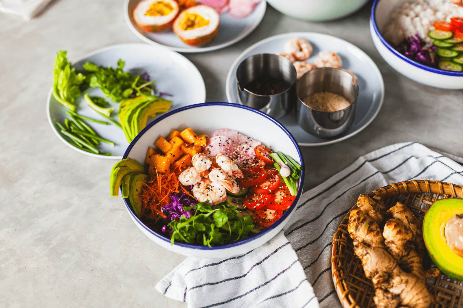 Healthy balanced meal with vegetables, avocado, eggs, and protein