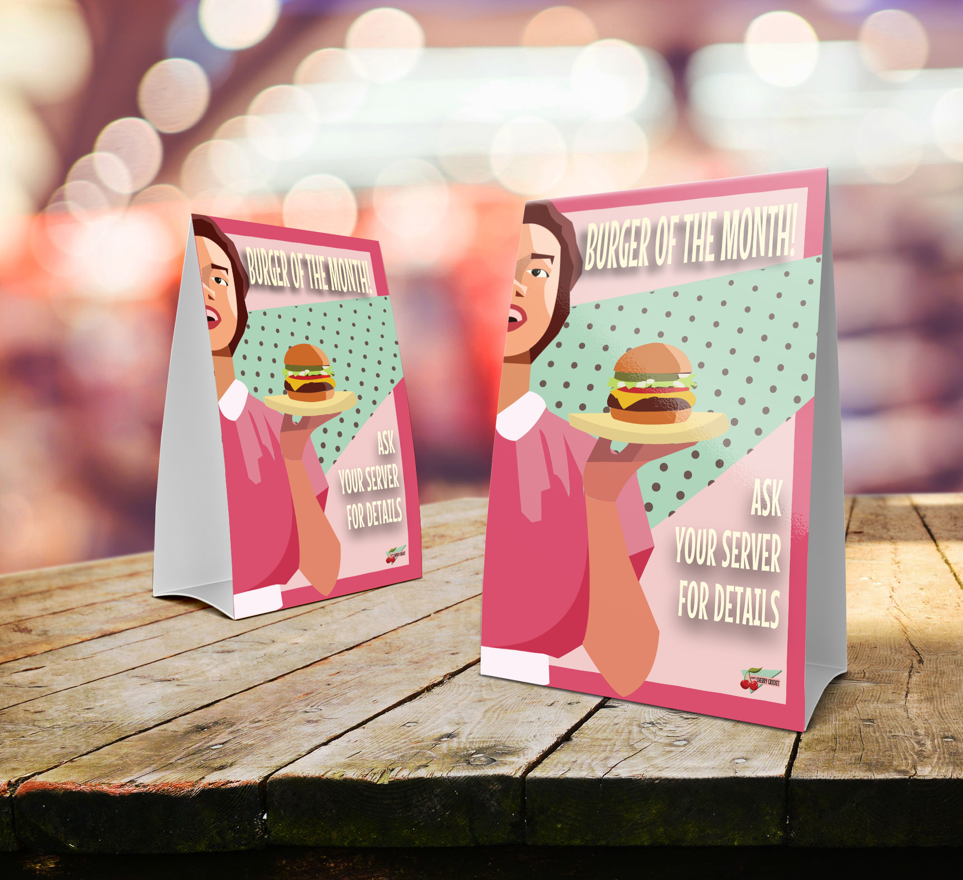 Final mockup of table tents advertising burger of the month for Dever resturant Cherry Cricket