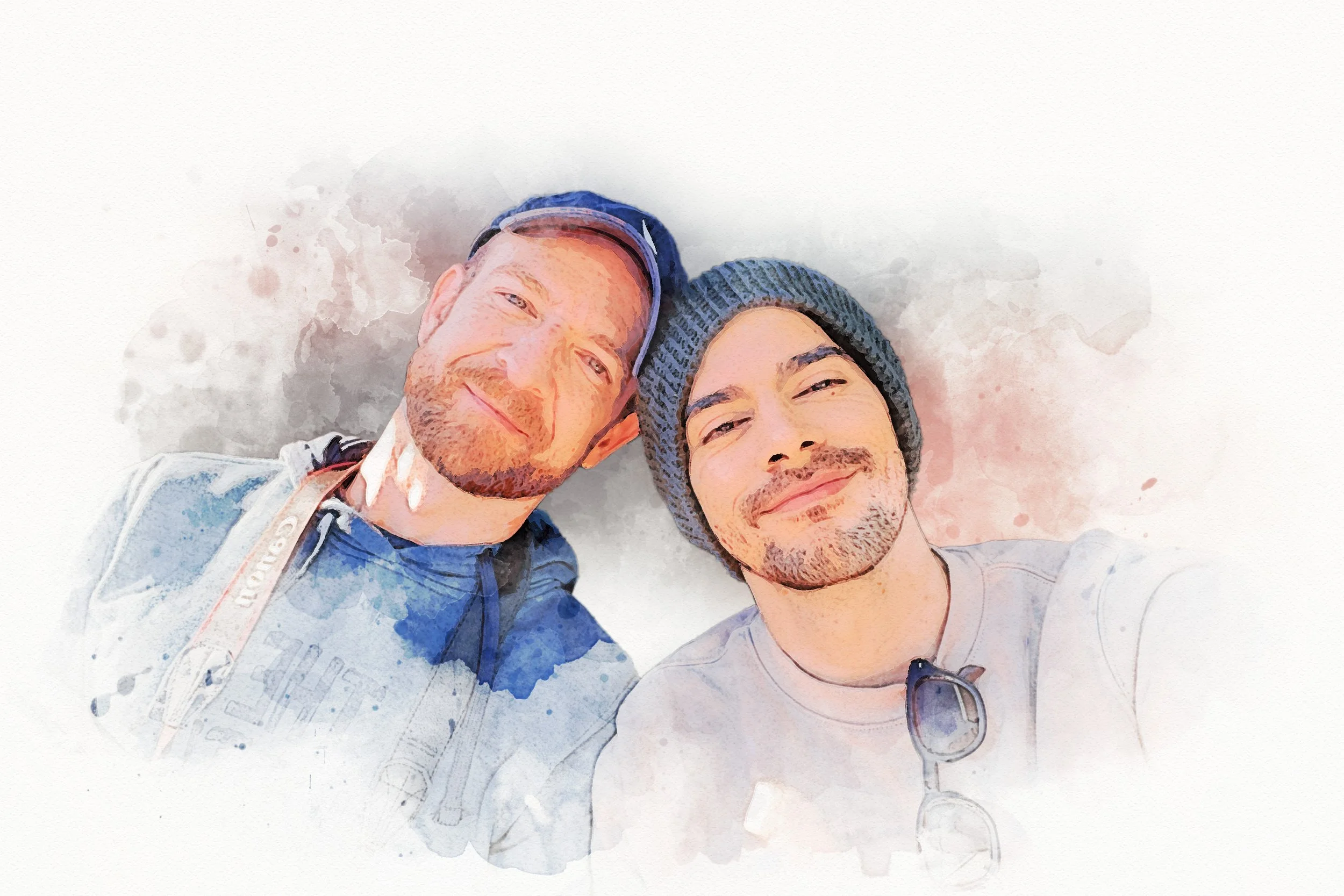 A watercolor-style digital painting of two men smiling and taking a selfie together.