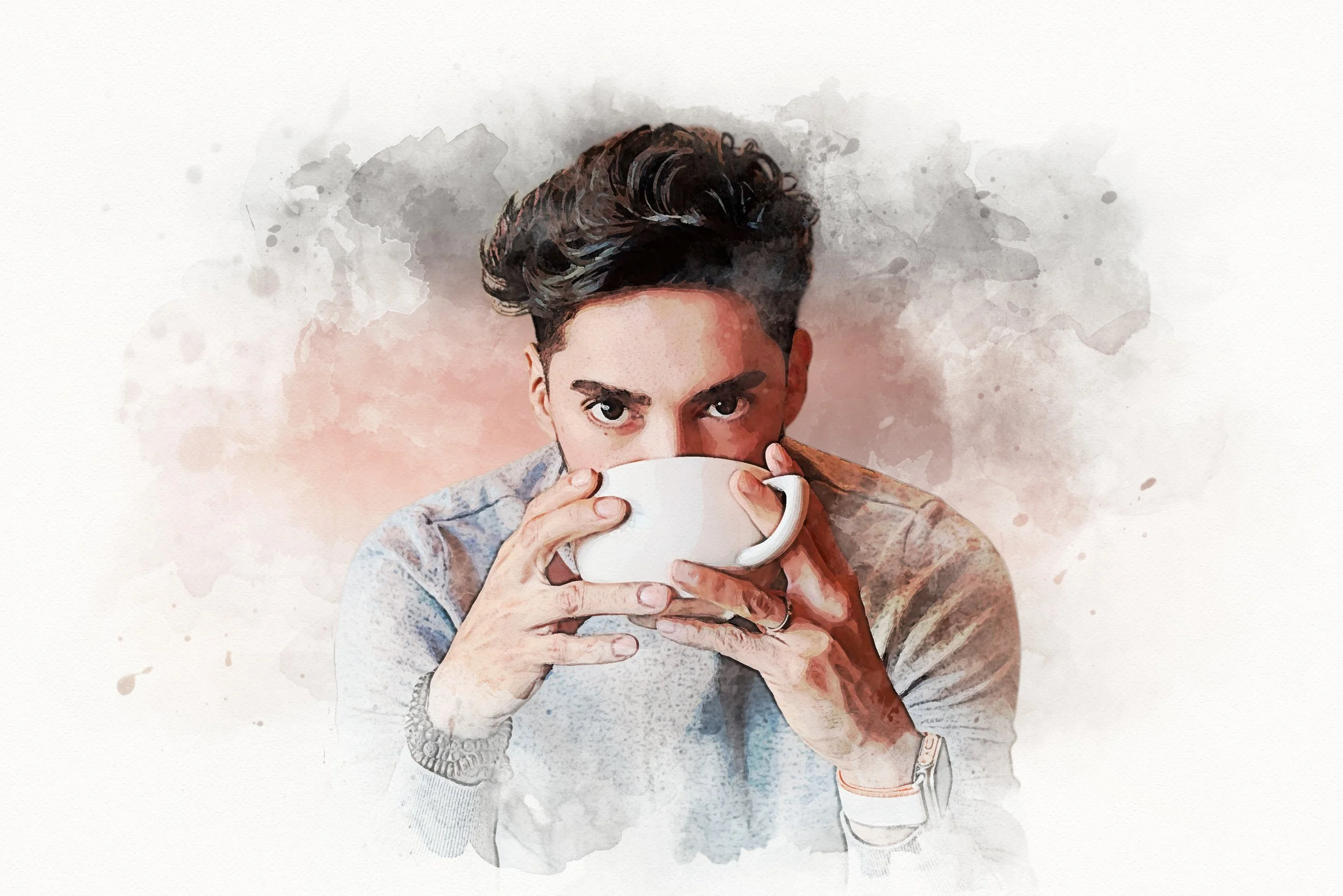A young man with dark hair sipping from a white mug, looking directly at the camera with an intense expression. Watercolor effect background.