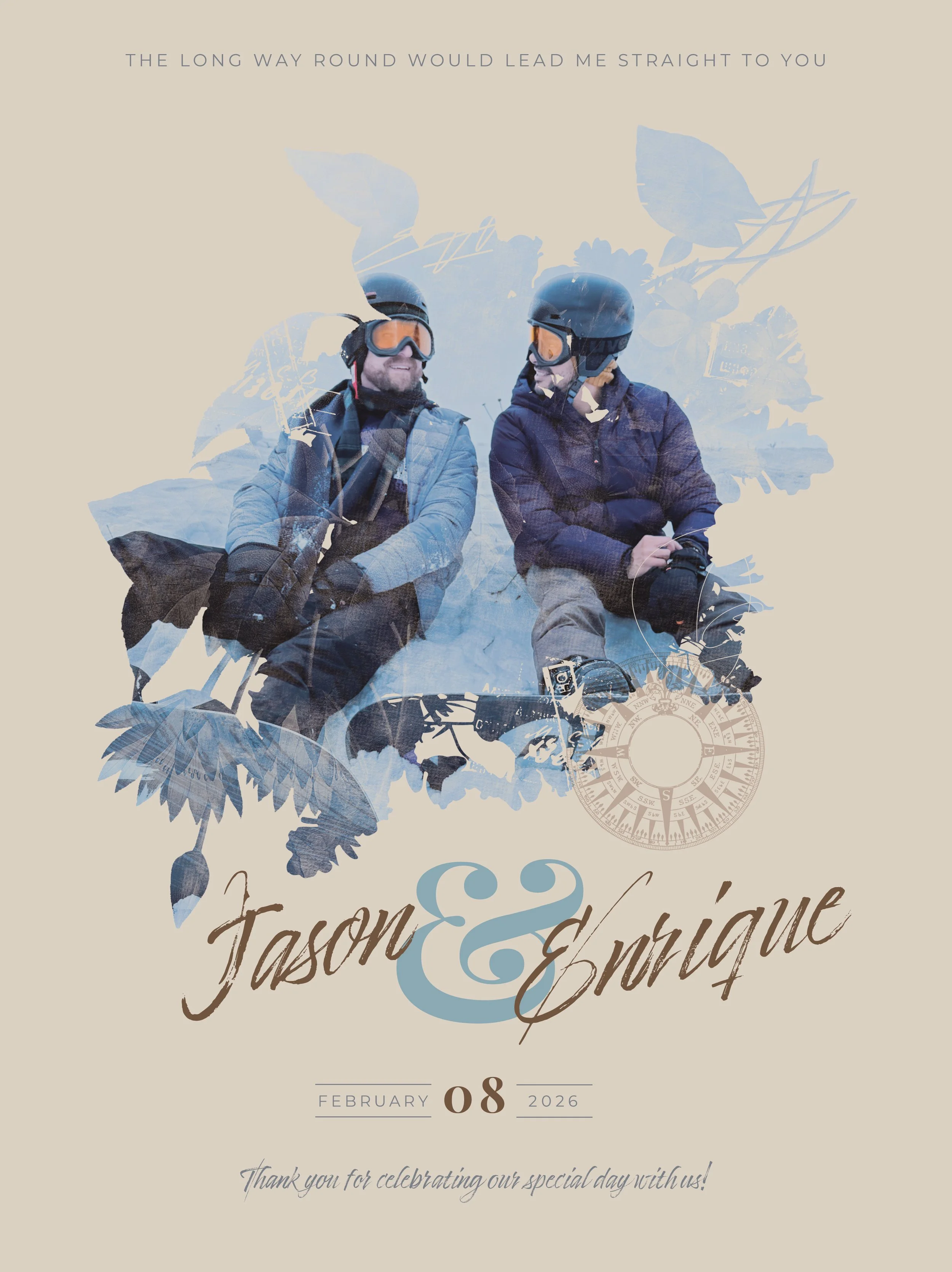 A wedding invitation featuring a photo of two men wearing motorcycle helmets and gear, with a decorative background of blue leaves, an eagle, and a vintage compass, along with the text "Jason & Enriqué," the date February 8, 2026, and a message thank