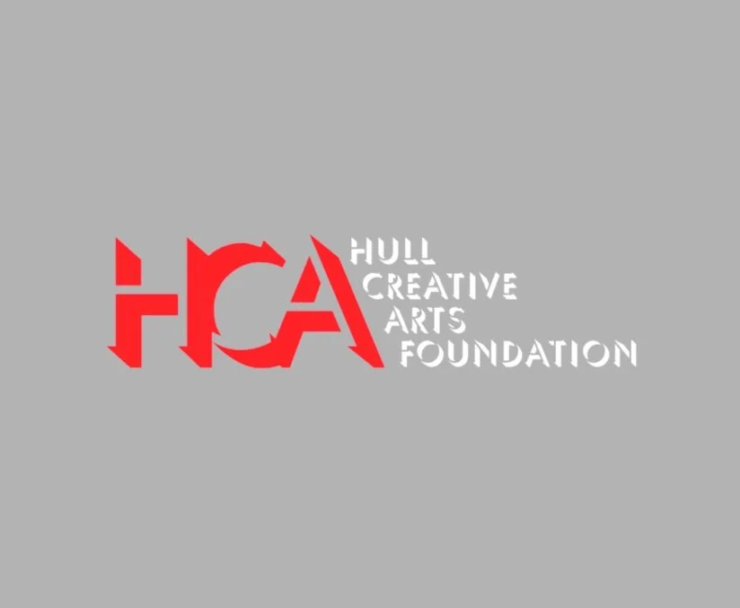 Logo of Hull Creative Arts Foundation with red and white text on a gray background.