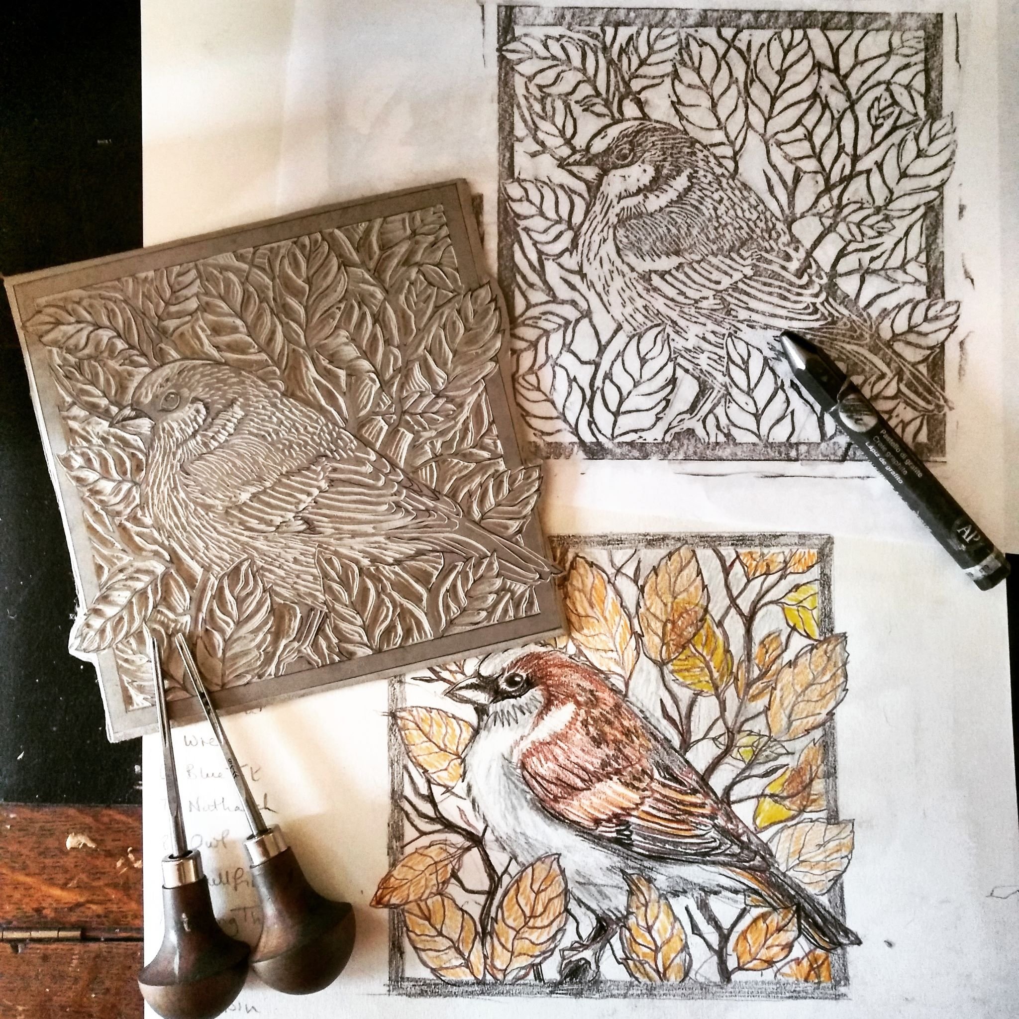 Sparrow print process with carving tools