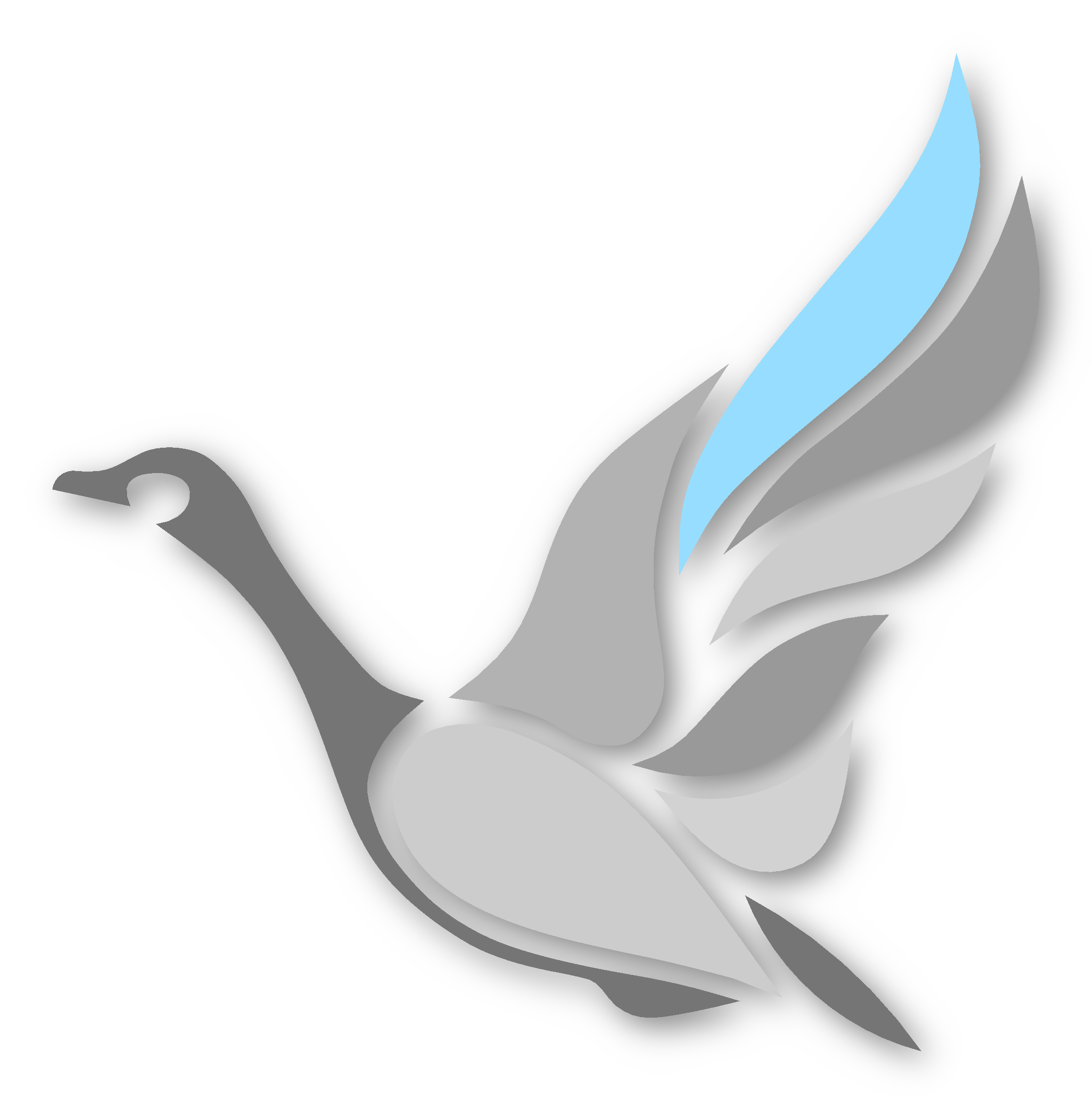 Illustration of a stylized goose in black, gray, and blue colors with sharp lines and abstract design.