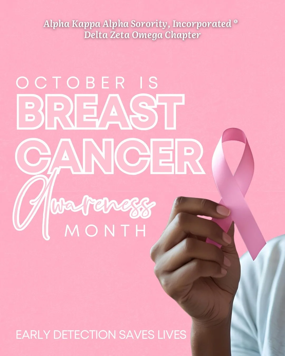 October is Breast Cancer Awareness Month 🩷

Alpha Kappa Alpha Sorority, Incorporated&reg;&nbsp;&nbsp;Delta Zeta Omega Chapter stands in support of survivors, honors those we&rsquo;ve lost, and continues the fight for a cure.
Together, we educate, em