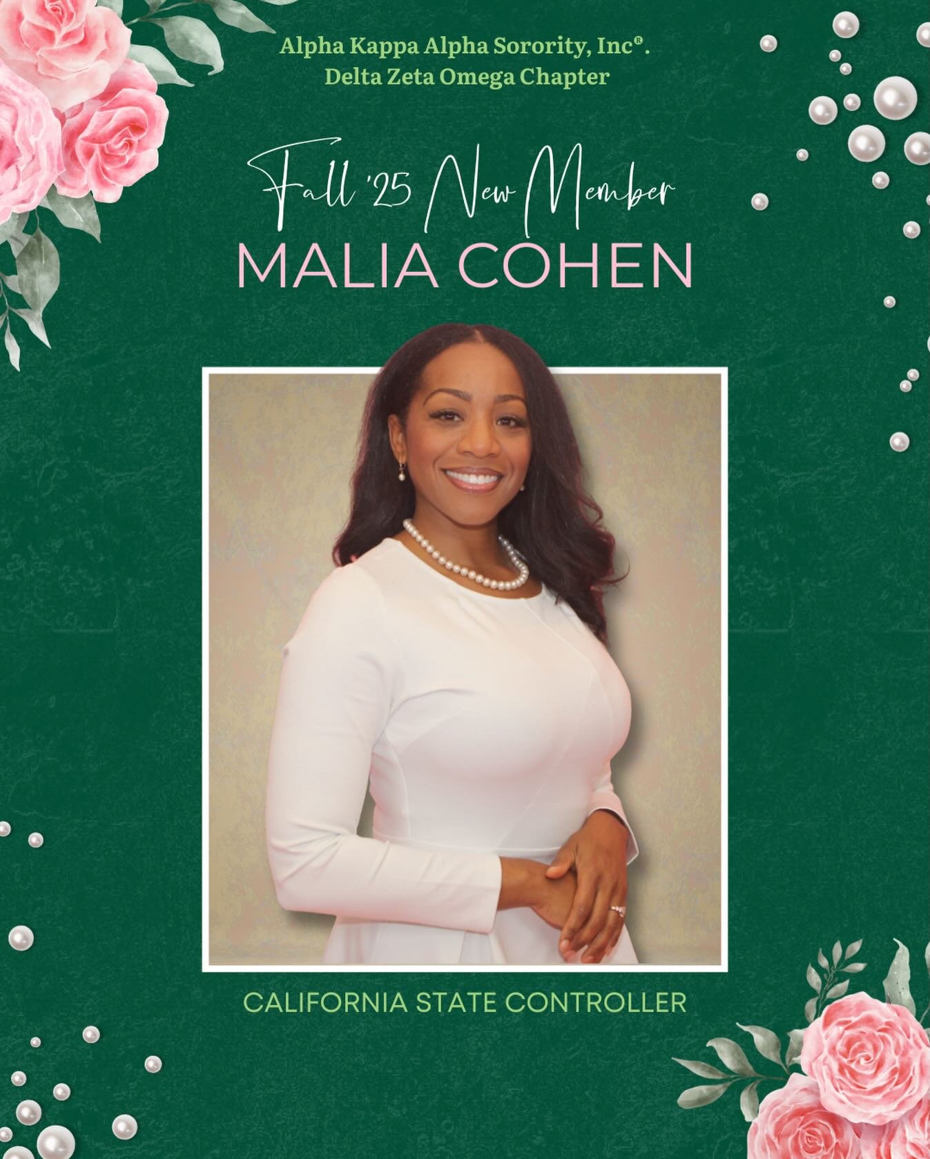 Excellence, Integrity, Leadership ✨

We are honored to welcome Sister Malia Cohen, an accomplished financial steward and champion of accountability, to the Delta Zeta Omega Chapter of Alpha Kappa Alpha Sorority, Incorporated&reg;! 🌸💚

Her leadershi