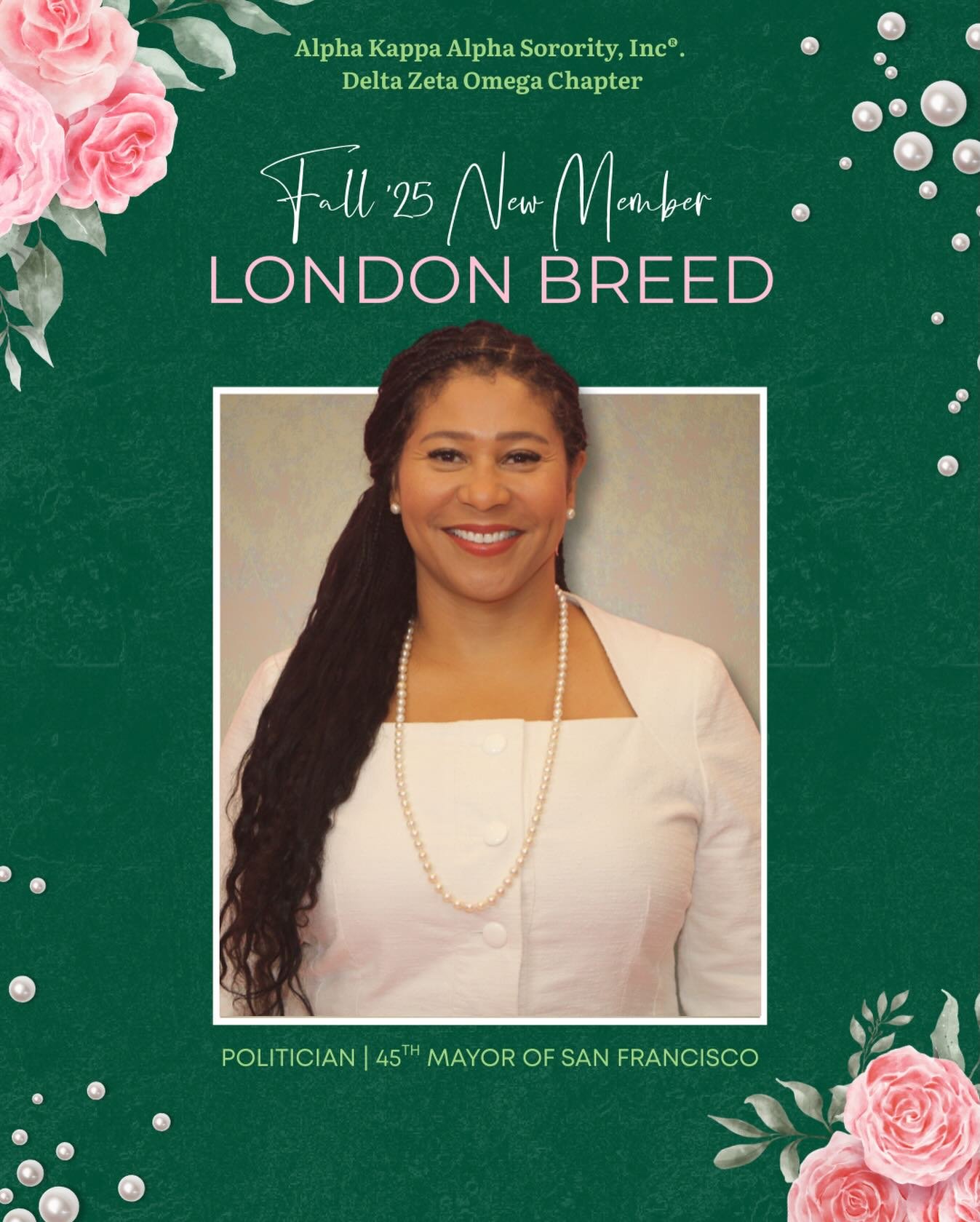 Leadership in Service, Impact in Action 🌁

The Delta Zeta Omega Chapter of Alpha Kappa Alpha Sorority, Incorporated&reg; proudly welcomes Sister London Breed, a dedicated public servant and community leader. 💚✨

Sister London is the first and only 