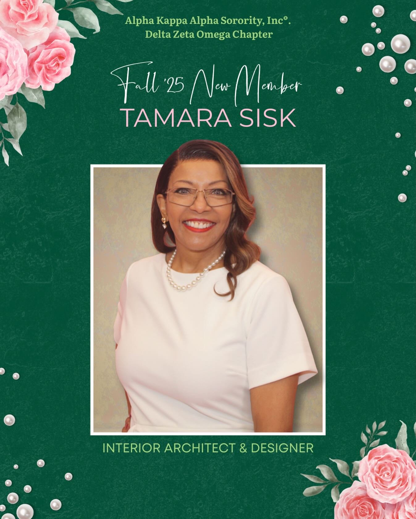 Creativity meets sisterhood 💕💚

The Delta Zeta Omega Chapter of Alpha Kappa Alpha Sorority, Incorporated&reg; proudly welcomes Sister Tamara Sisk, an innovative interior architect and designer whose vision transforms spaces and uplifts communities.