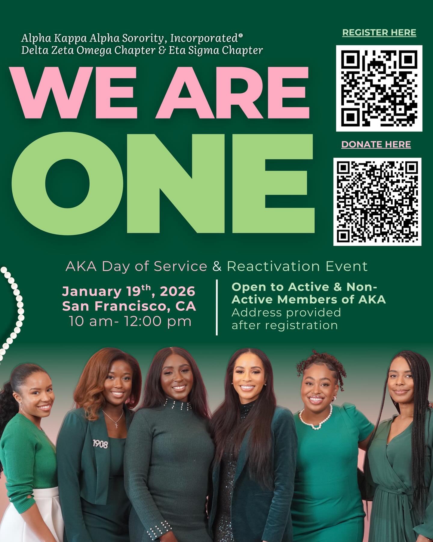 Join us TOMORROW for our annual &ldquo;We Are One&rdquo; AKA Day of Service &amp; Reactivation Event! 💕💚

Alpha Kappa Alpha Sorority, Incorporated&reg; Delta Zeta Omega Chapter &amp; Eta Sigma Chapter for a day of service &amp; sisterhood. 

We wil