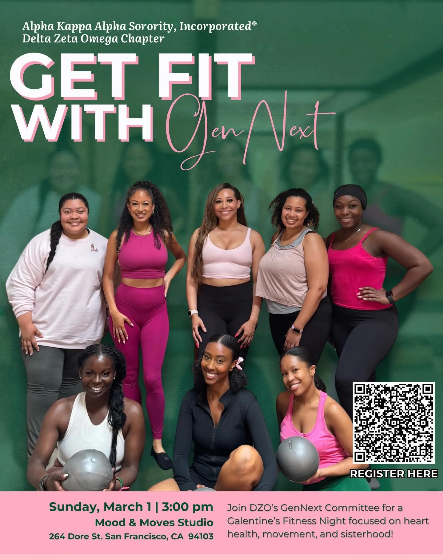 Alpha Kappa Alpha Sorority, Incorporated&reg; Delta Zeta Omega Chapter invites you to join GenNext for a Galentine&rsquo;s Dance Cardio Workout 💃🏾✨

🗓 Sunday, March 1 ⏰ 3&ndash;5PM 📍 Mood and Moves Studio 264 Dore St, San Francisco, CA 94103

Com