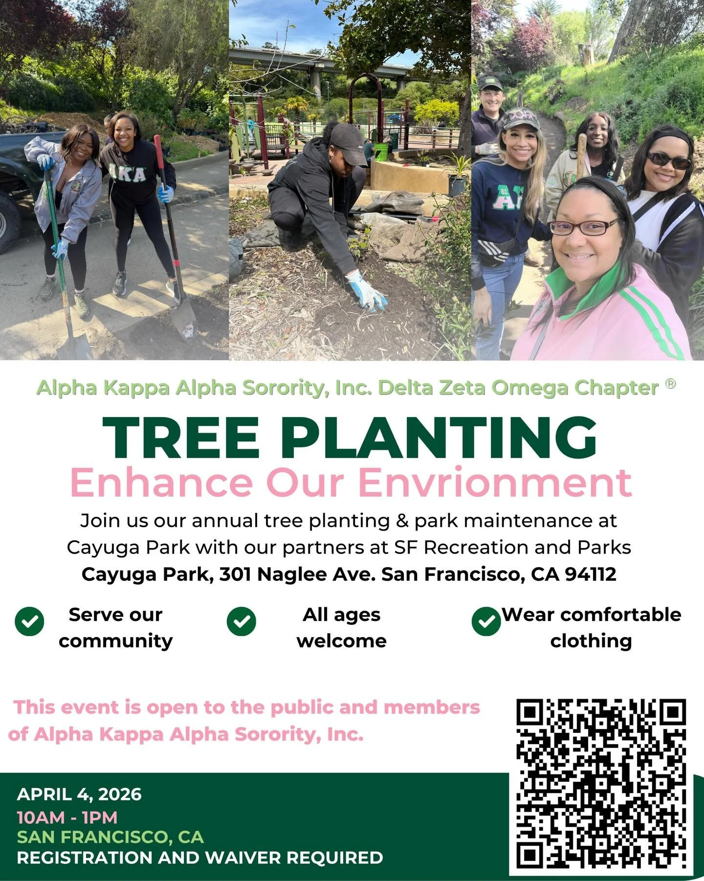 Let&rsquo;s Plant The Future Together with DZO! 💕🌳🪴💚

Join Alpha Kappa Alpha Sorority, Incorporated. - Delta Zeta Omega chapter on Saturday, April 4th for a morning of tree planting at Cayuga Park in San Francisco.

Attire: Comfortable shoes suit