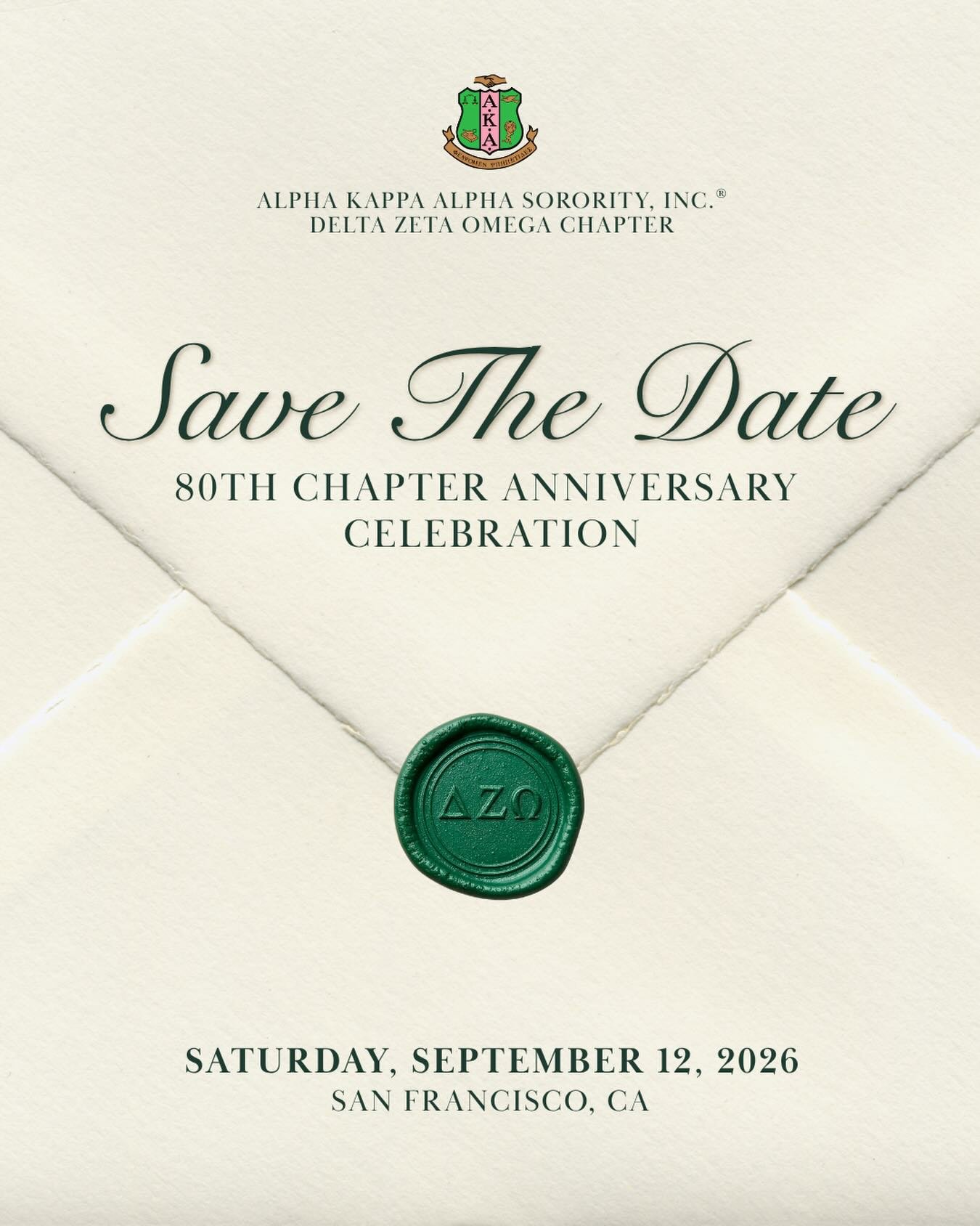 ✨ Save the Date - September 12, 2026 ✨
Alpha Kappa Alpha Sorority, Incorporated&reg; Delta Zeta Omega Chapter proudly invites you to participate in an enchanting evening, celebrating our 80th! 🩷💚

Join us as we honor eight decades of sisterhood, se
