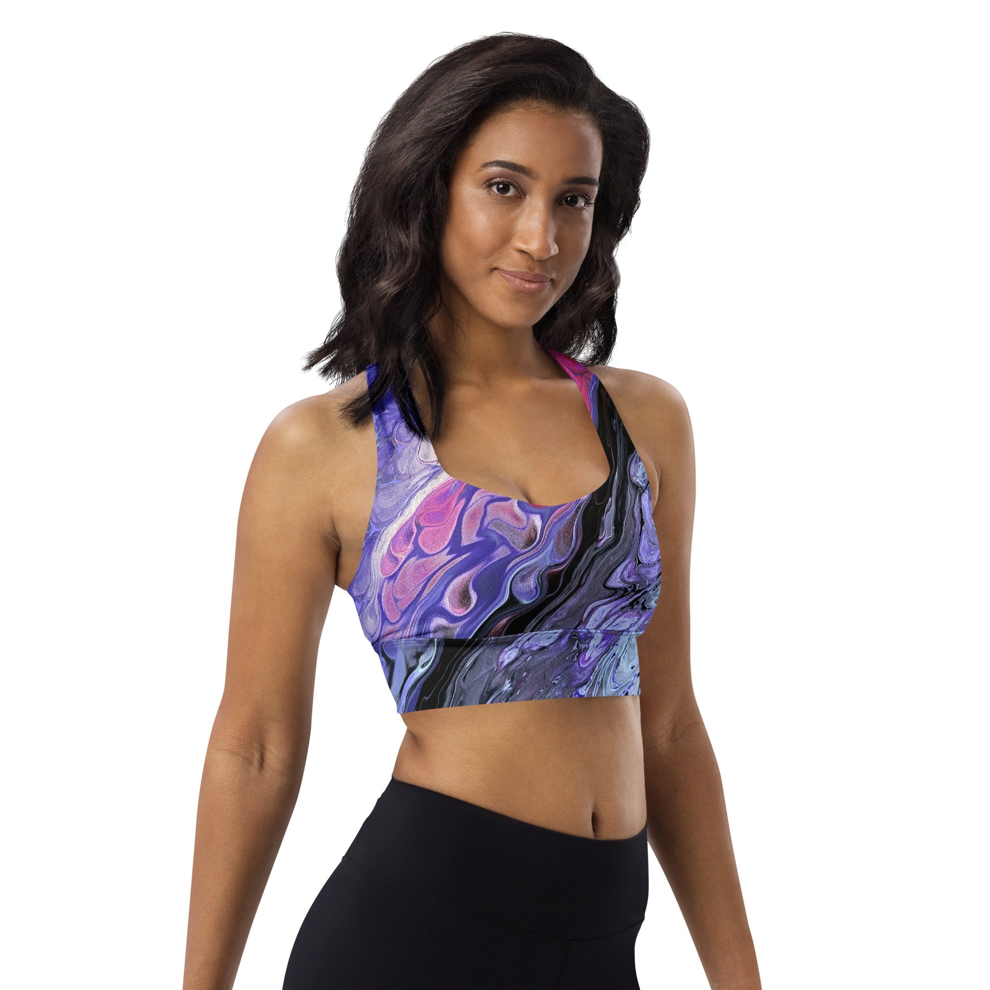 Women's Longline Sports Bra - "Chasm" - Purple and Black Abstract - Liminal Layers
