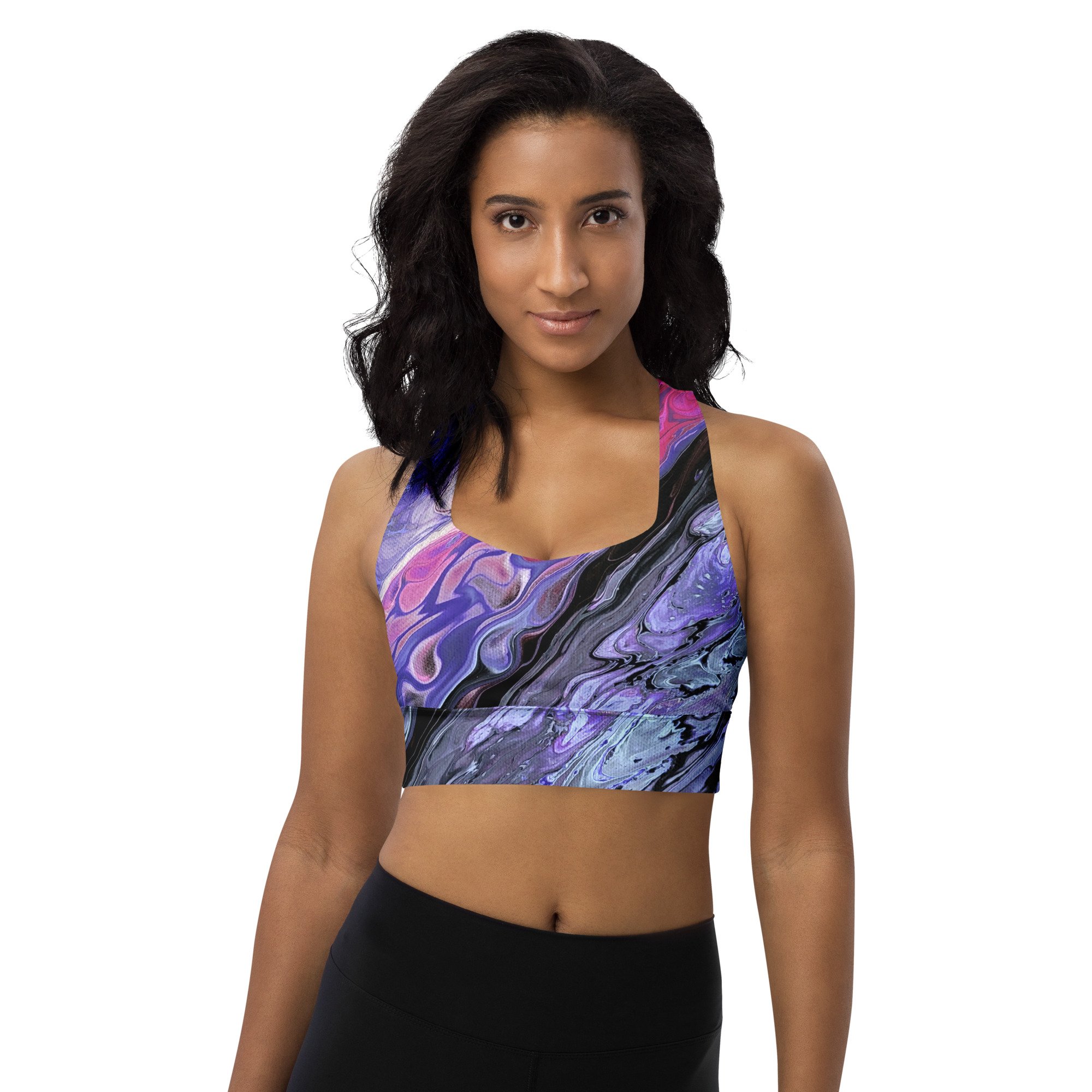 Women's Longline Sports Bra - "Chasm" - Purple and Black Abstract - Liminal Layers