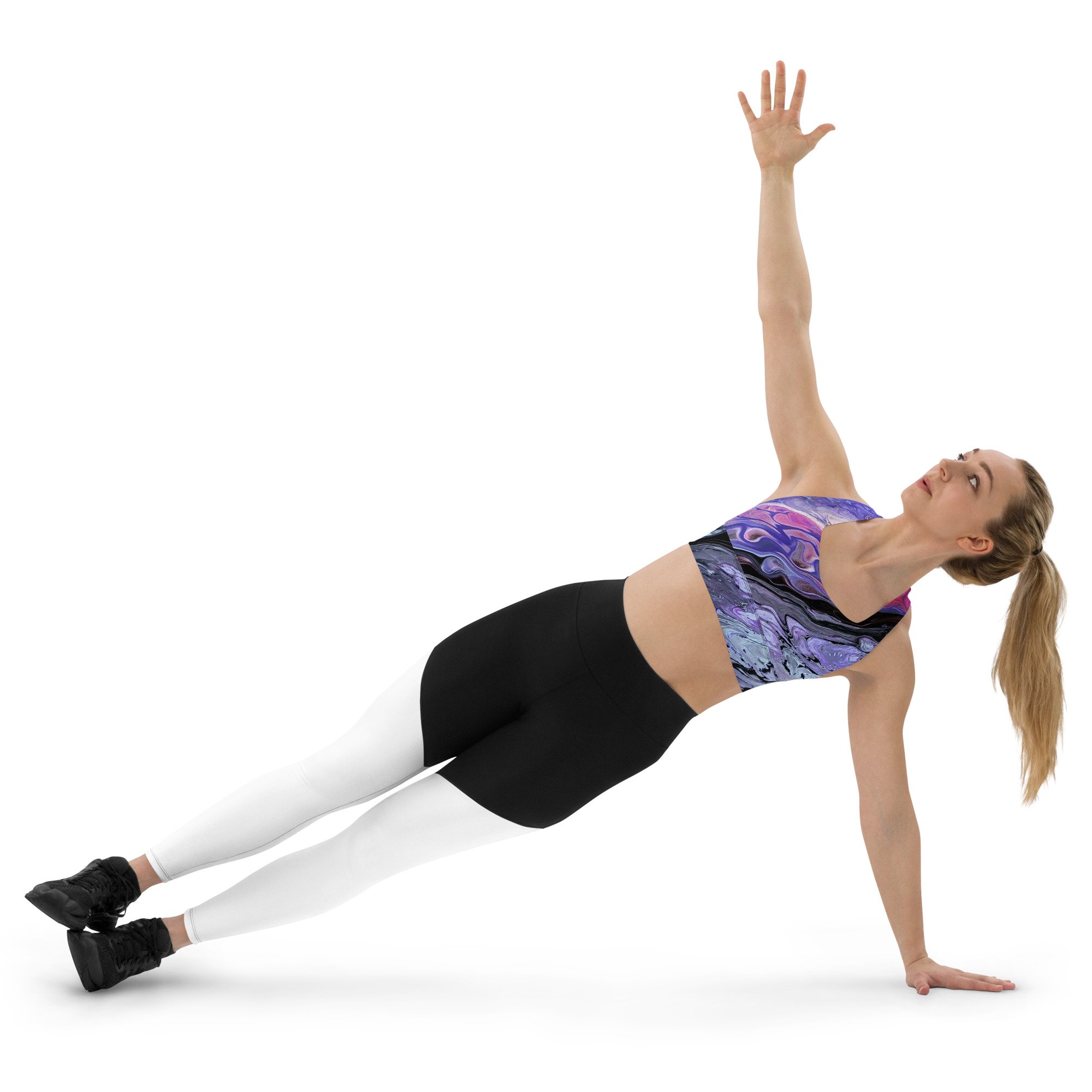 Women's Longline Sports Bra - "Chasm" - Purple and Black Abstract - Liminal Layers