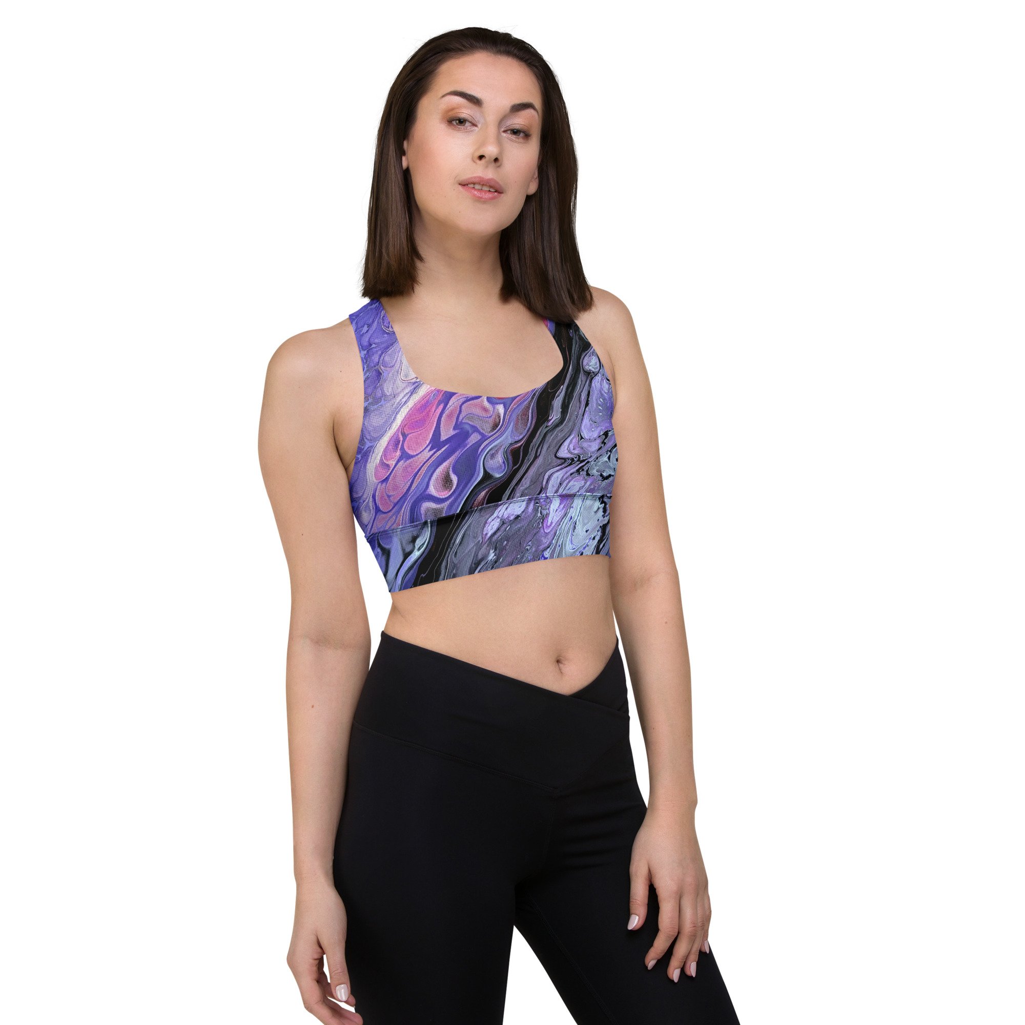 Women's Longline Sports Bra - "Chasm" - Purple and Black Abstract - Liminal Layers