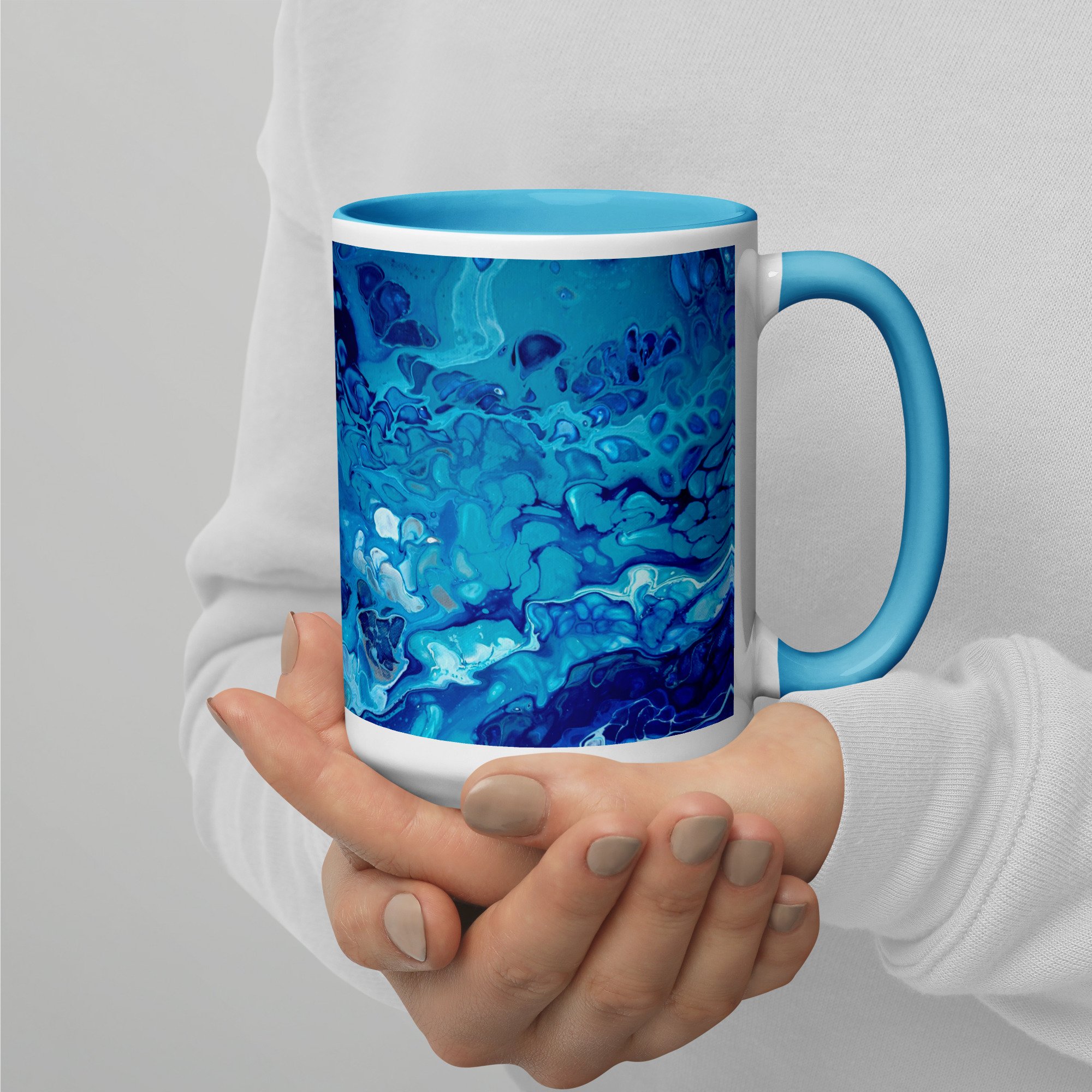 Ceramic Mug with Blue Handle - Currents of Clarity - 2 Sizes Available - Liminal Layers