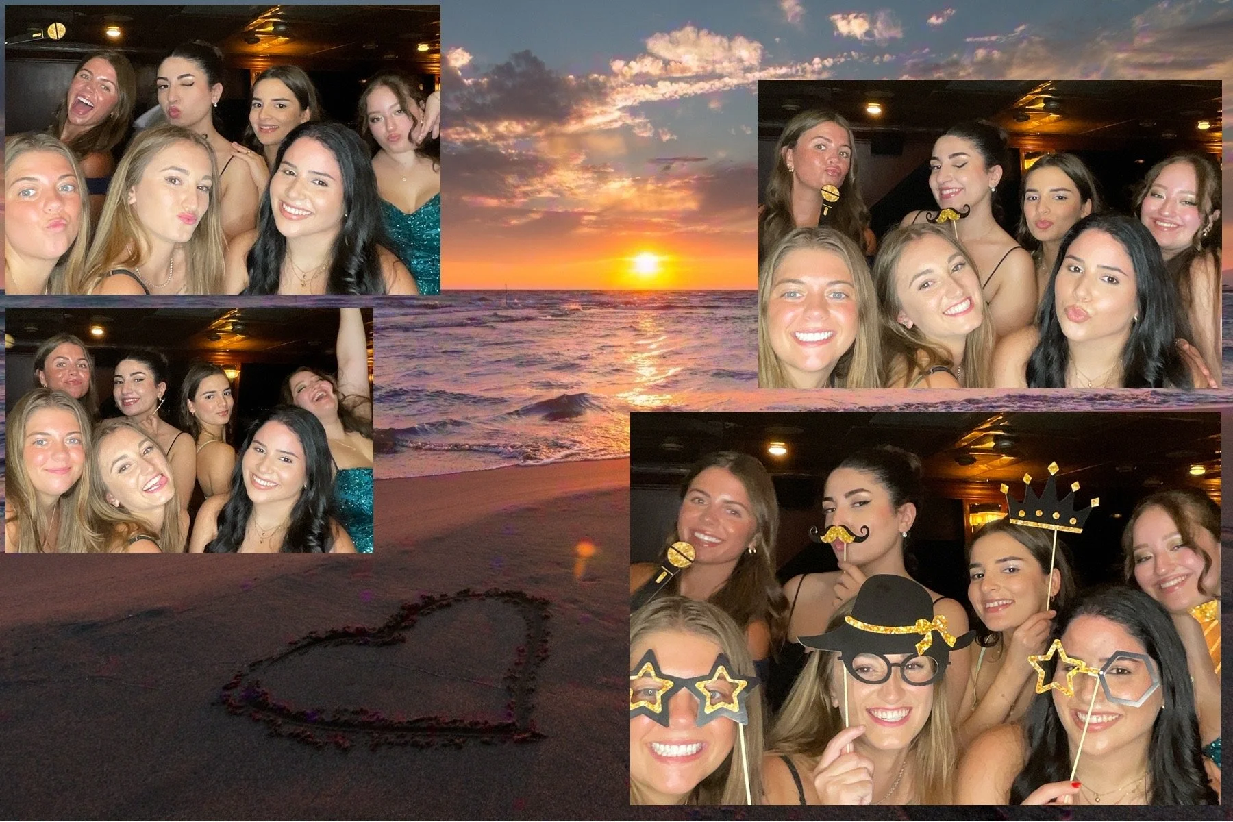 Collage of photos showing a group of young women having fun at a party and a sunset over the ocean, with a heart drawn in the sand.