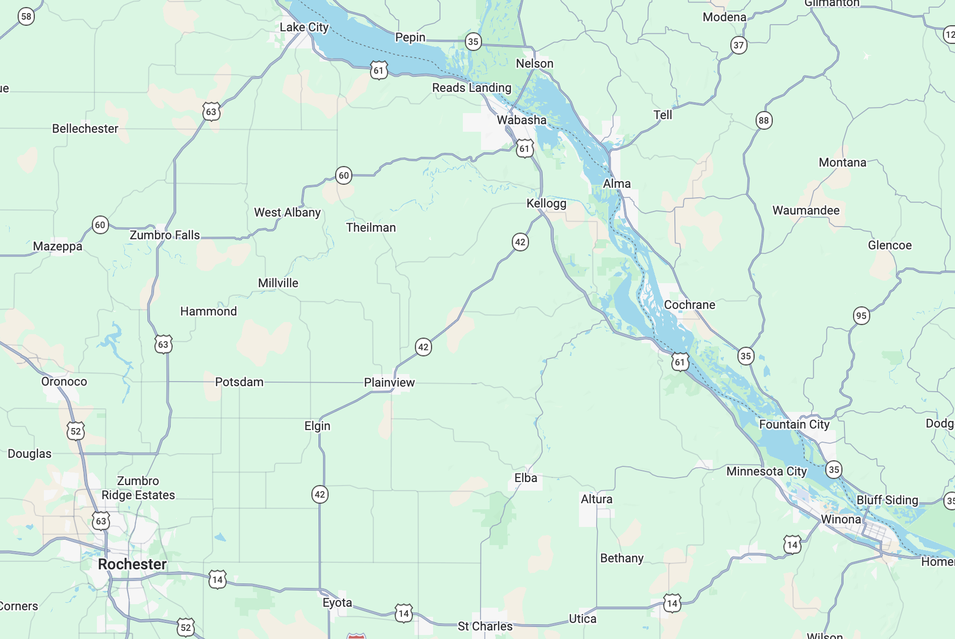 Map of a region showing lakes, towns, and roads, including Lake City, Rochester, and Winona.