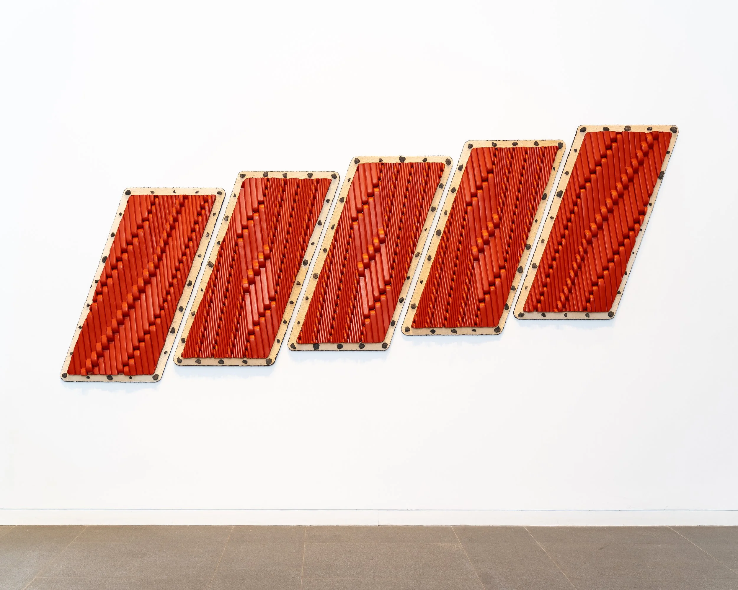 Amanda Martínez, Armazón, 2023–24. Wood, polystyrene foam, lava rock, pigmented stucco (portland cement, sand, lime, water, natural iron oxide pigment), galvanized steel lathe, roofing tar paper, sand, shredded tire rubber, acrylic polymer, enamel. 7