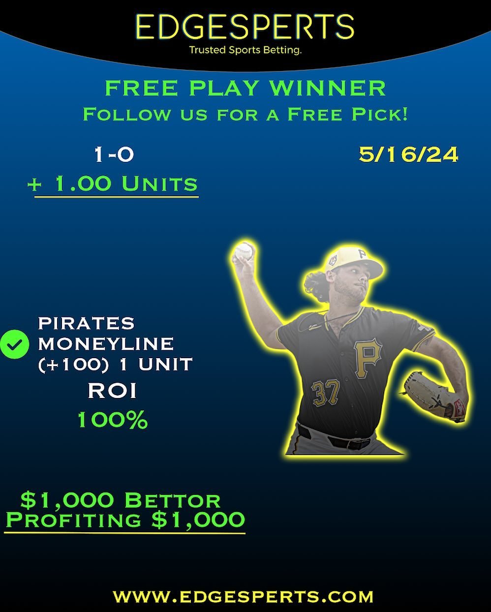 🚨FOLLOW US FOR A FREE PICK🚨
⚾️FREE PICK WINNER ⚾️

PIRATES MONEYLINE✅&nbsp;
(+100) 1 UNIT

$1,000 bettor profiting $1,000

#sportsbetting #bettingexpert 
#freepicks #freepicksdaily 
#sportsbookadvice #tipster 
#mlbbets #mlbbetting 
#baseballbetting