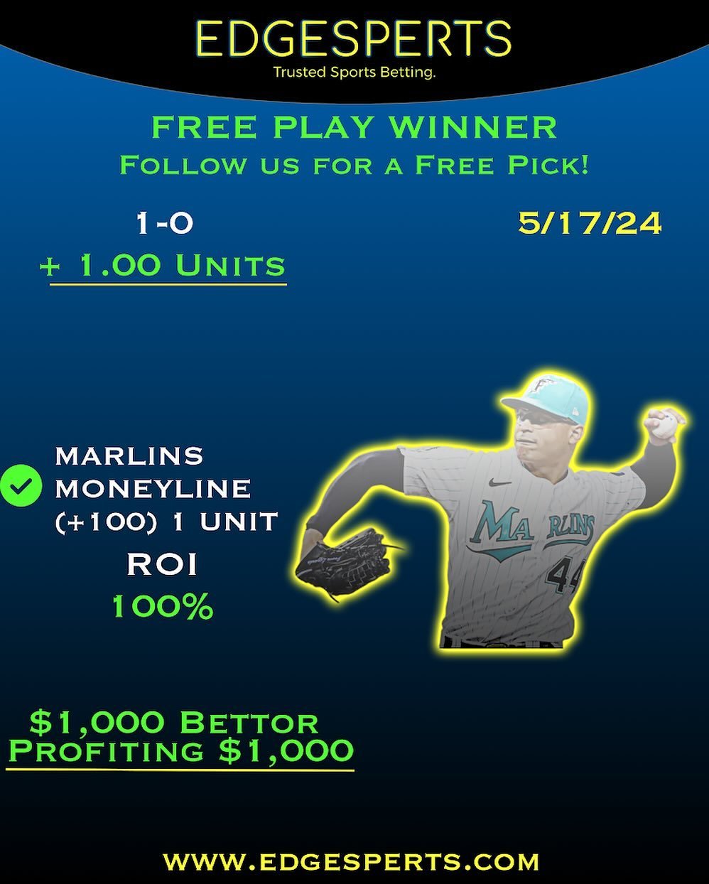 🚨FOLLOW US FOR A FREE PICK🚨
⚾️FREE PICK WINNER ⚾️

MARLINS MONEYLINE✅&nbsp;
(+100) 1 UNIT

$1,000 bettor profiting $1,000

#sportsbetting #bettingexpert 
#freepicks #freepicksdaily 
#sportsbookadvice #tipster 
#mlbbets #mlbbetting 
#baseballbetting