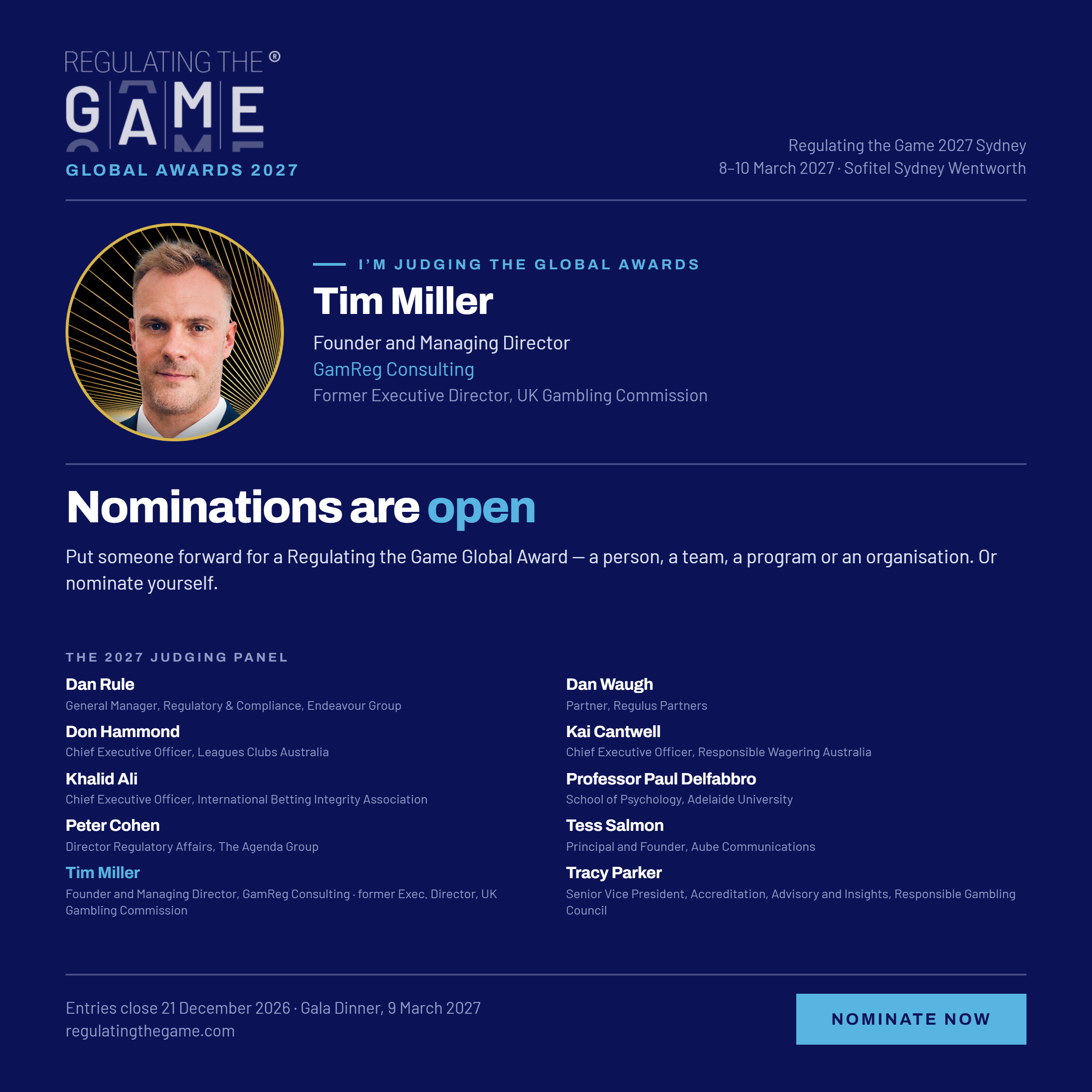 Former UKGC Executive Director Tim Miller to speak, chair and judge at Regulating the Game 2027