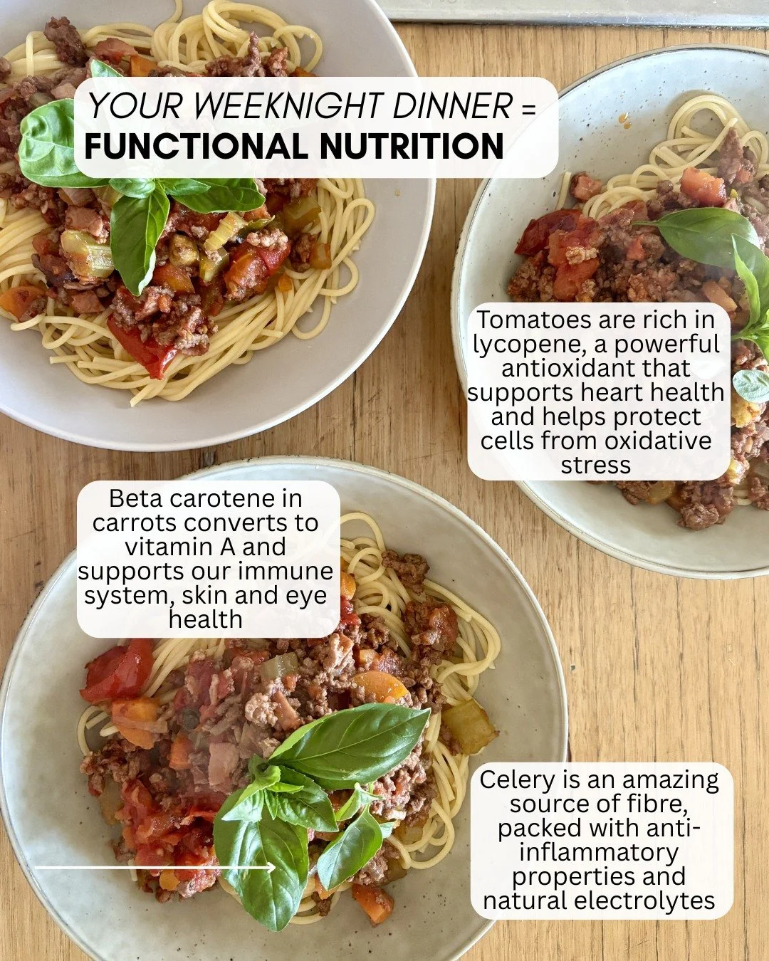 Spaghetti bolognaise might look like a simple weeknight dinner - but it&rsquo;s functional nutrition in action - plus it's delicious! 🍝🌿

This meal provides:
✔️ Complete protein for blood sugar stability
✔️ Bioavailable iron for growing kids
✔️ Coo