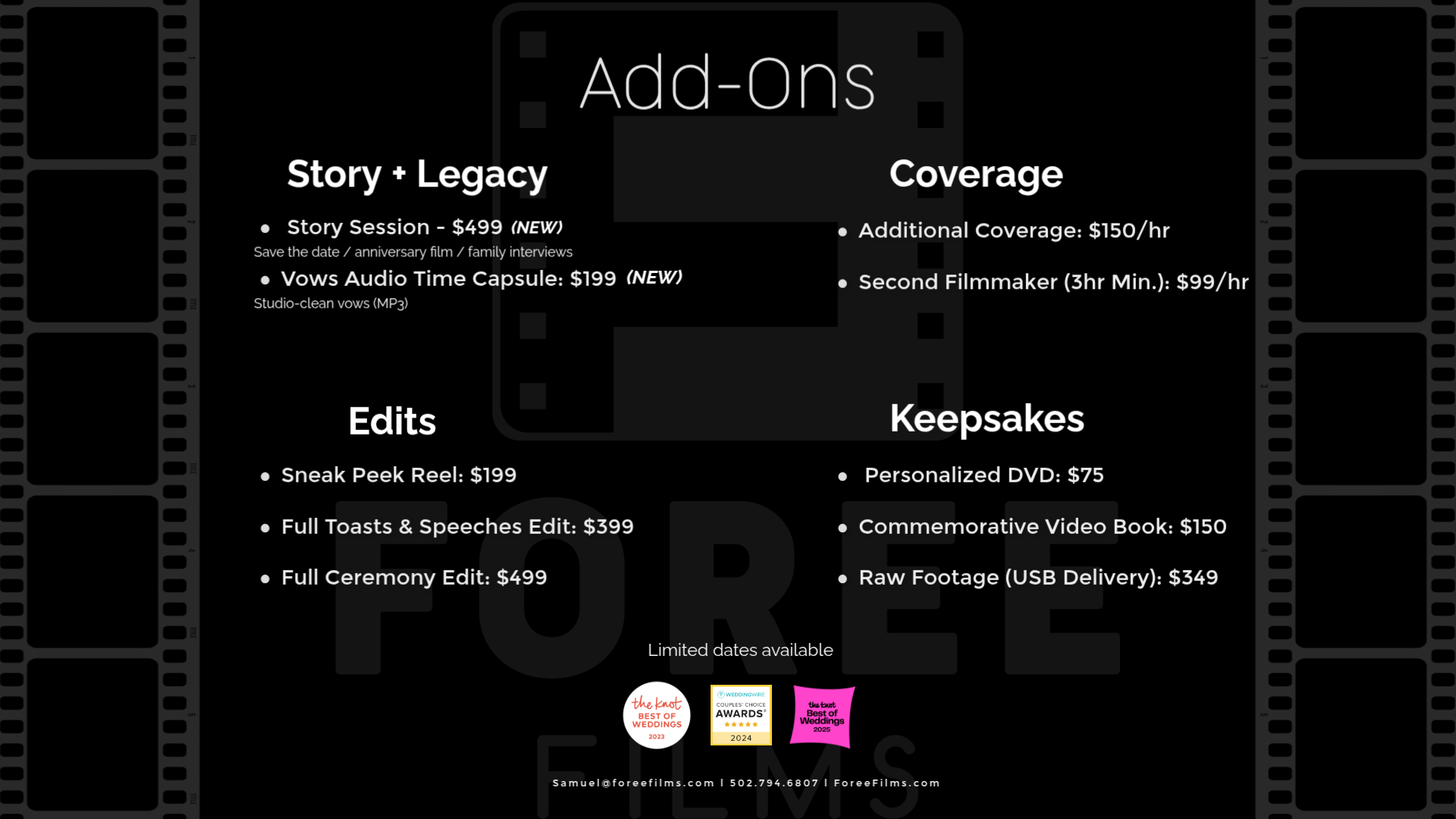 Pricing and menu options for various filmmaking add-ons, including story sessions, vows audio capsules, coverage, edits, keepsakes, and awards, displayed on a black background with film strip borders and award icons at the bottom.