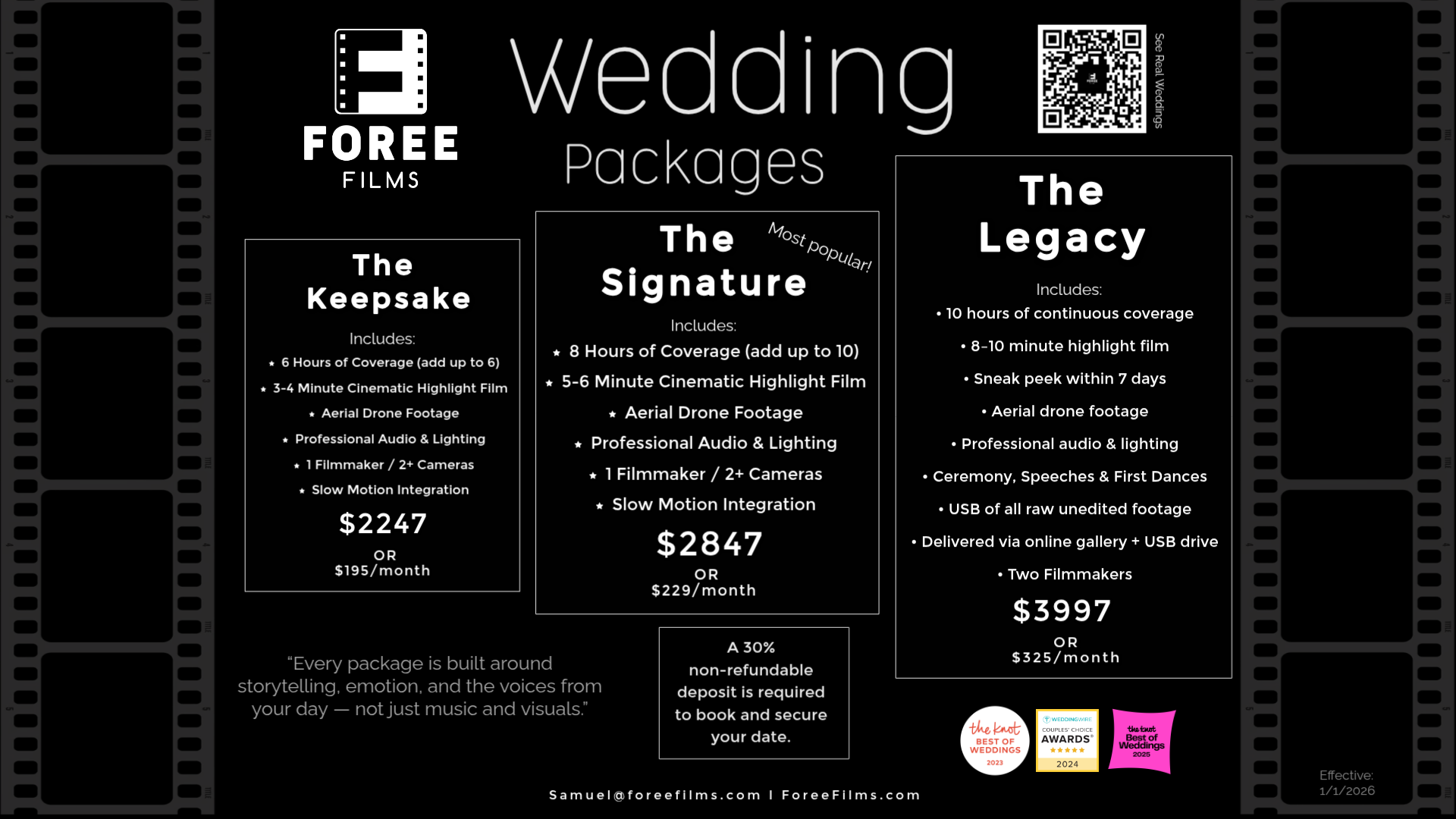 Advertisement for wedding video packages by Foree Films, listing three options: The Keepsake, The Signature, and The Legacy, with details on coverage, highlight films, drone footage, audio, and pricing.