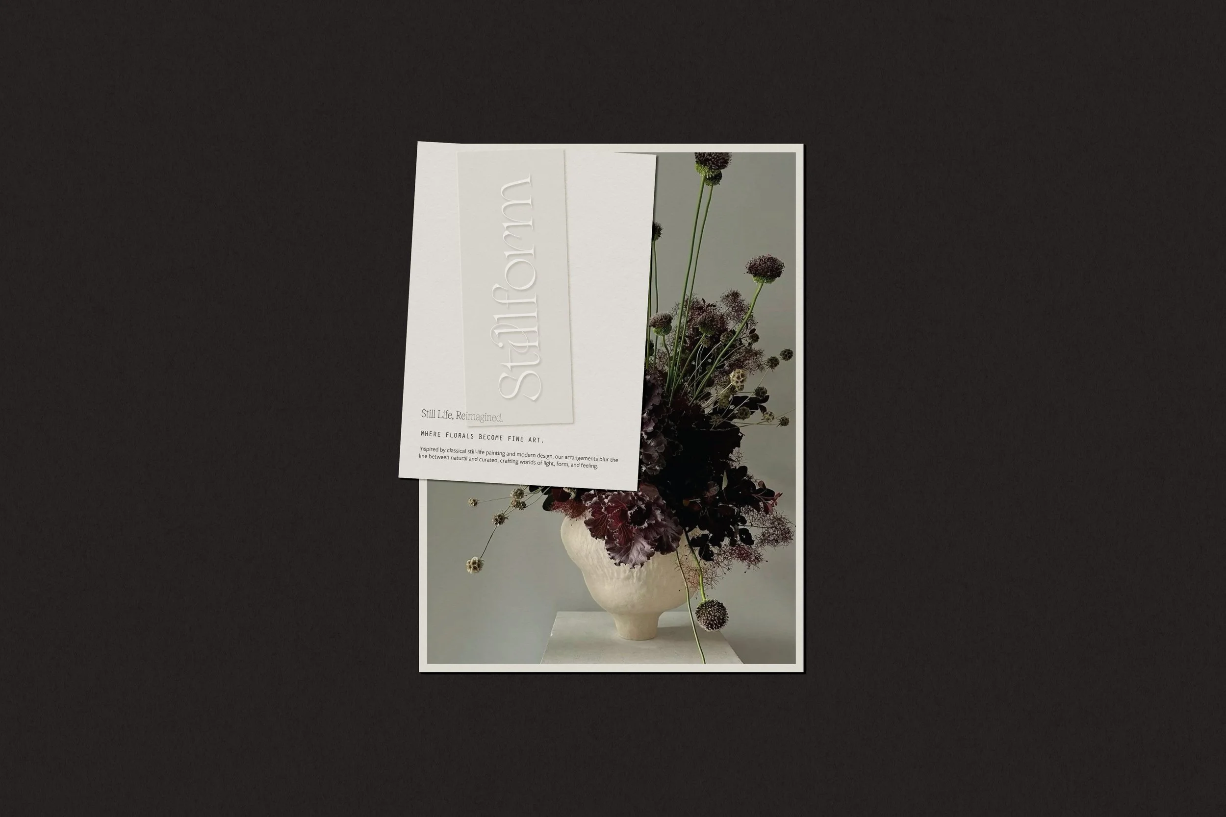 Stillform Floral Studio branding collateral including editorial style print materials