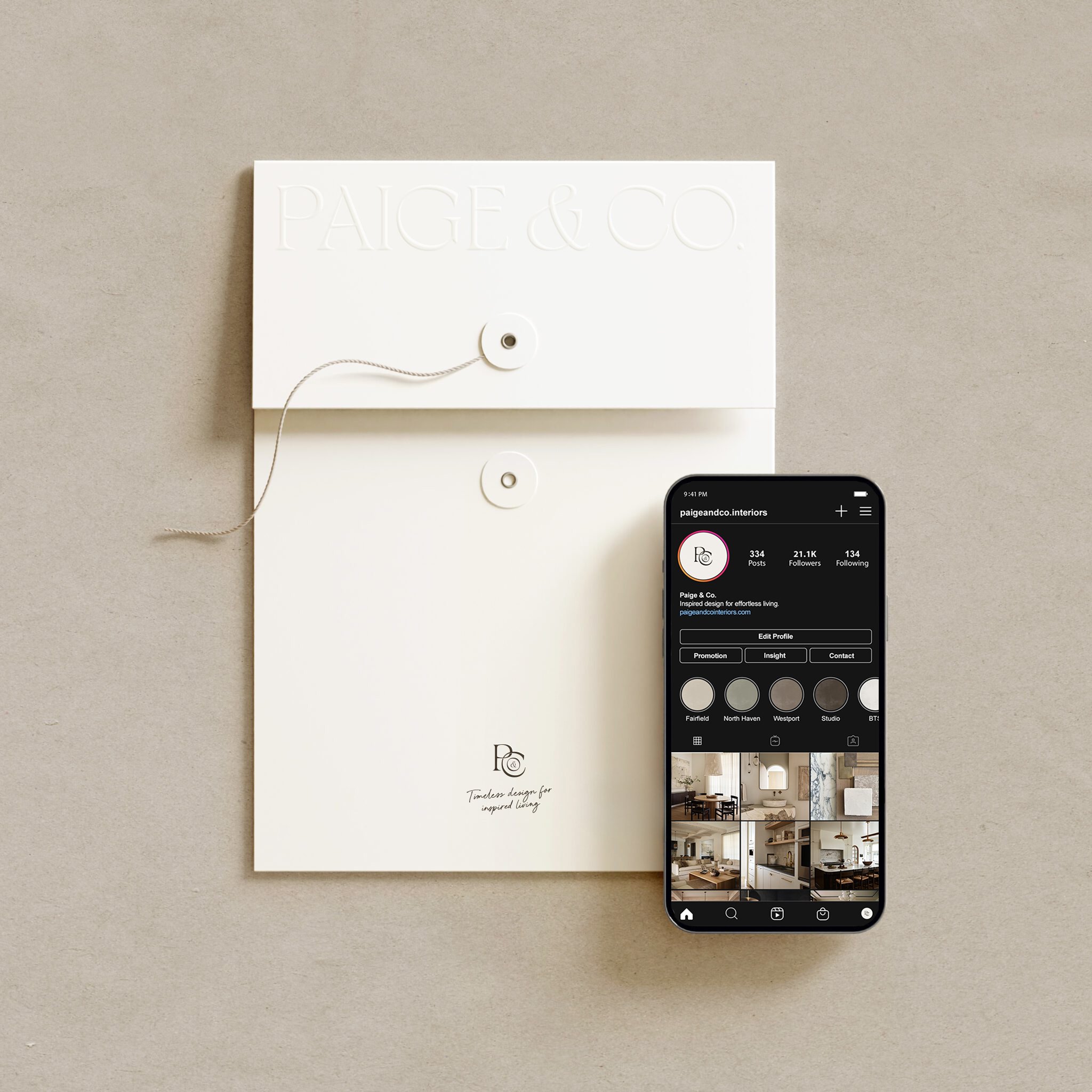 Paige and Co Interiors brand identity stationery envelope and Instagram mockup for interior design studio