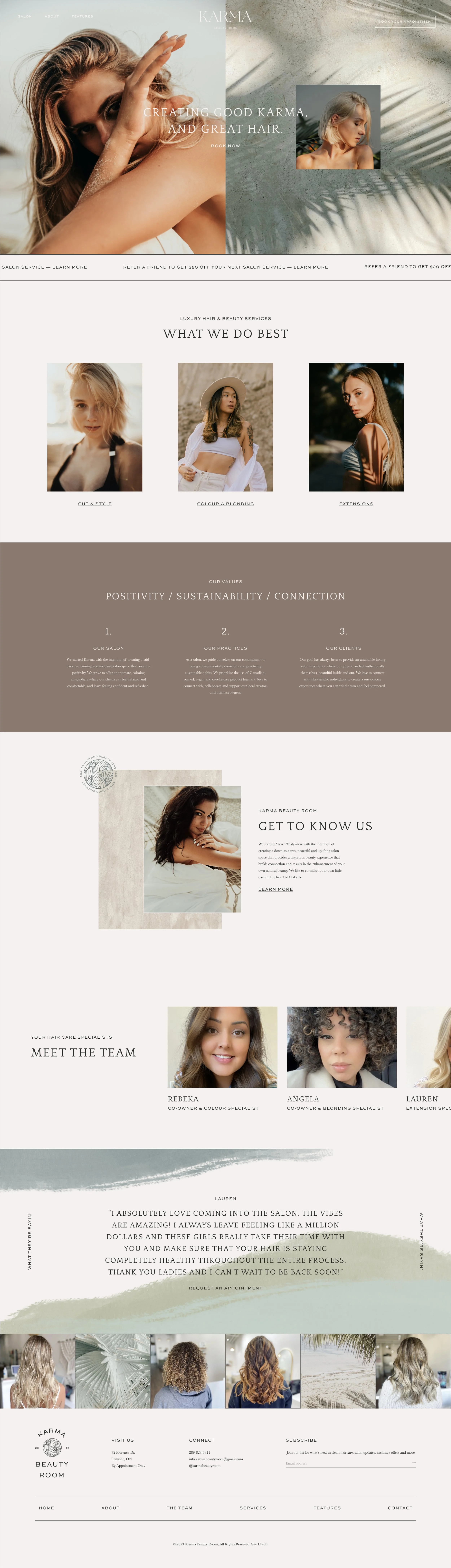 Karma Beauty Room modern organic coastal hair salon brand identity website design
